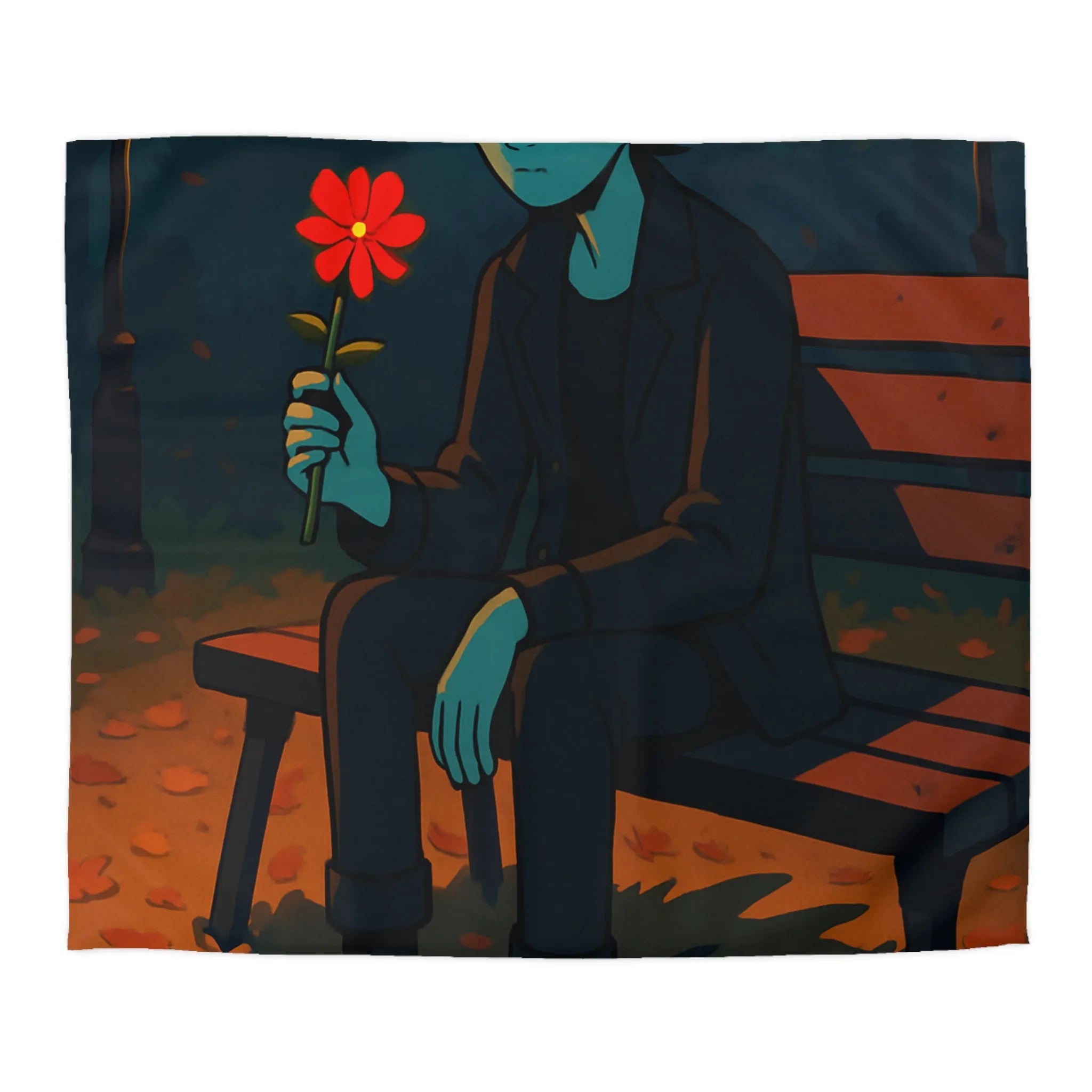 Housse de couette de parc nocturne mystérieux avec personnage sombre aux yeux lumineux