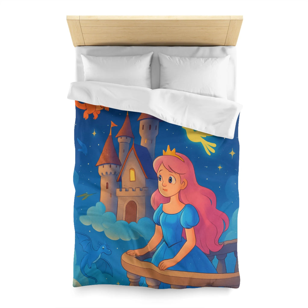 Housse de Couette Enfant Représentant Princesse et Dragons dans un Ciel Nocturne Magique