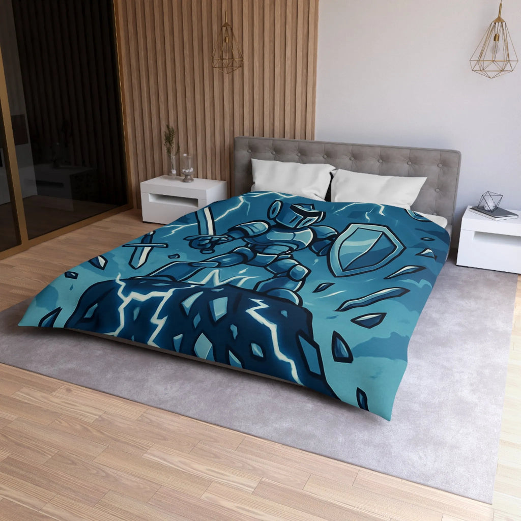 Housse de couette chevalier vaillant avec épée et bouclier sous éclairs bleus