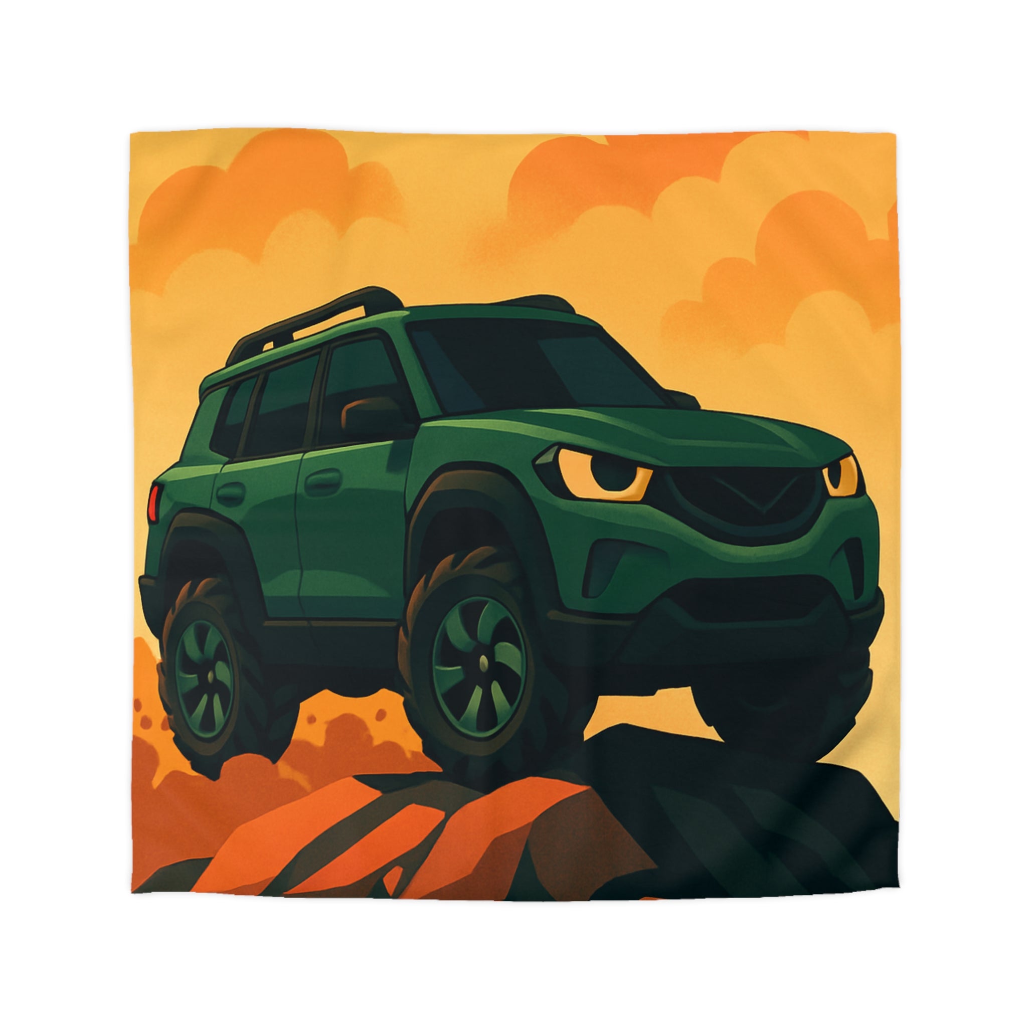 Housse de couette SUV vert, illustrée, ambiance aventure, nuages orange, montagne rocailleuse