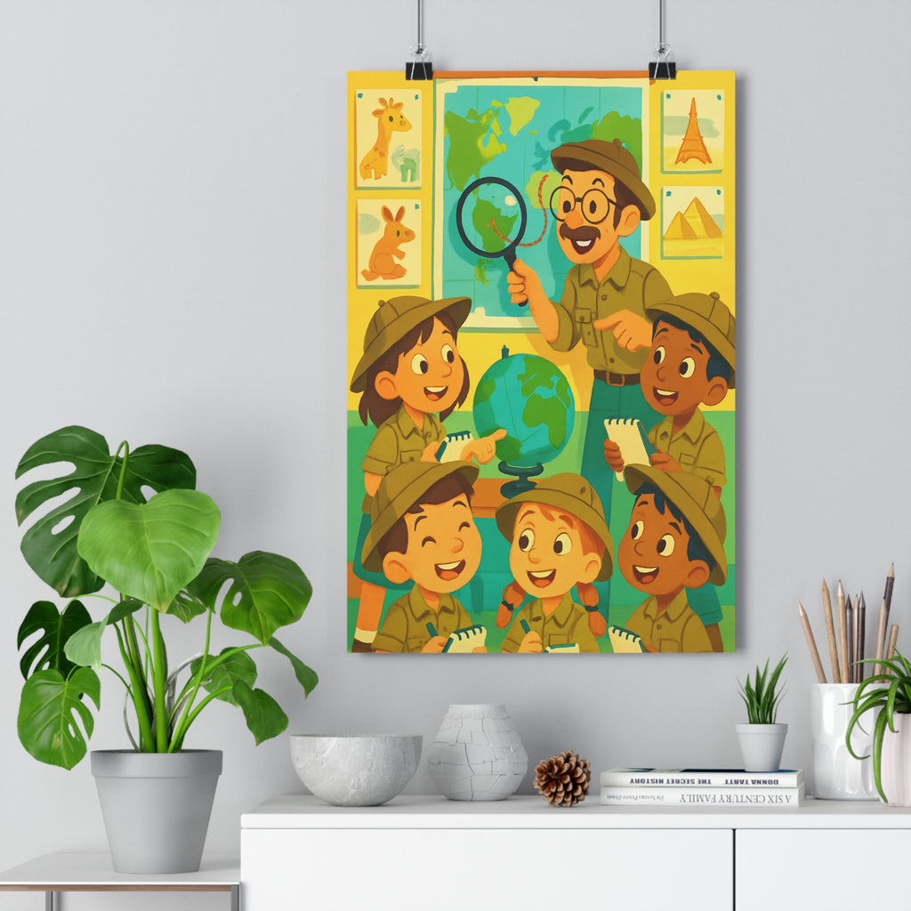 Poster décoratif enfants aventure globe explorateur joyeux vert bleu jaune chambre ludique éducatif inspirant