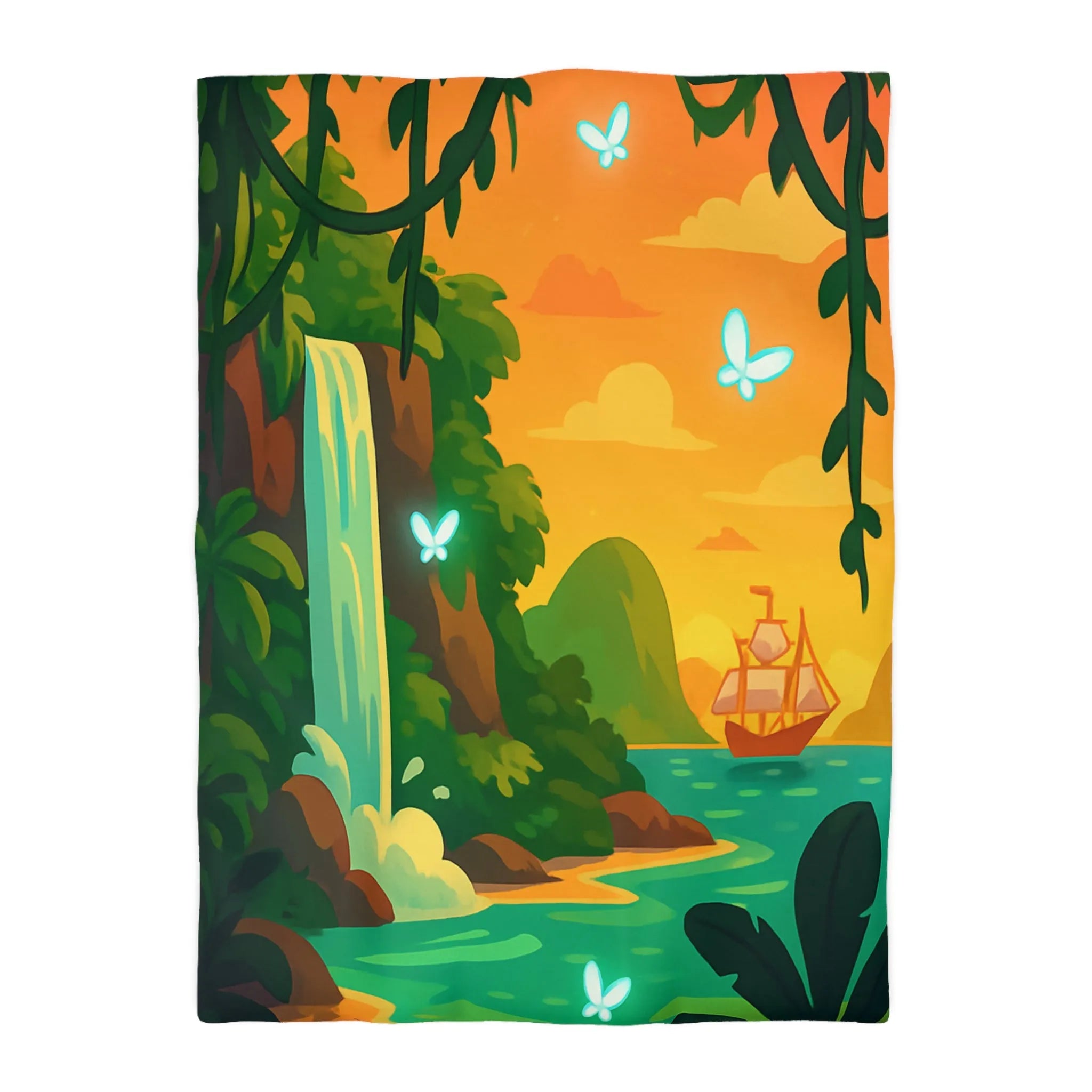 Housse de couette exotique avec cascade, papillons lumineux et bateau au coucher du soleil