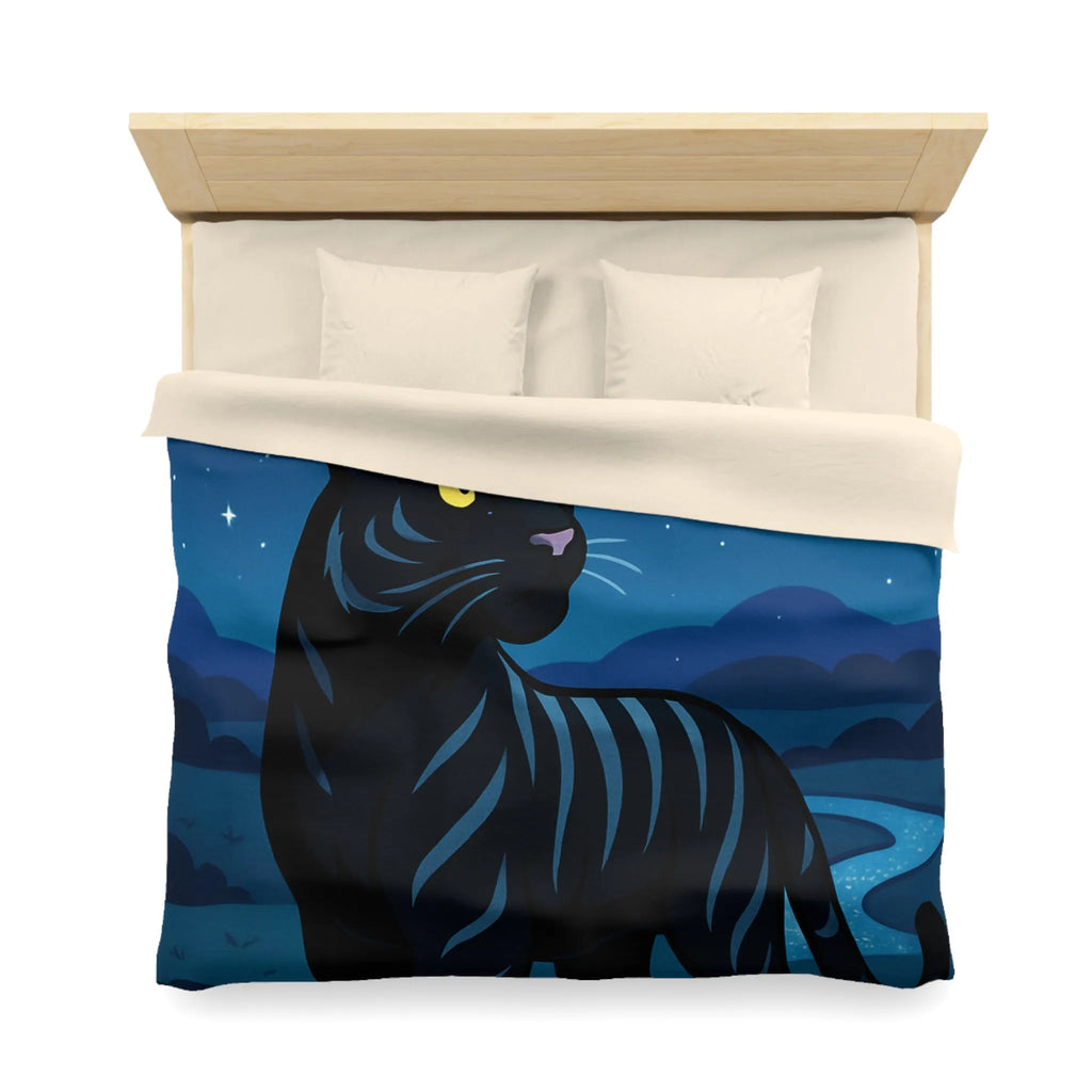 Housse de couette étoilée : Chat noir constellé sous une pleine lune éclatante