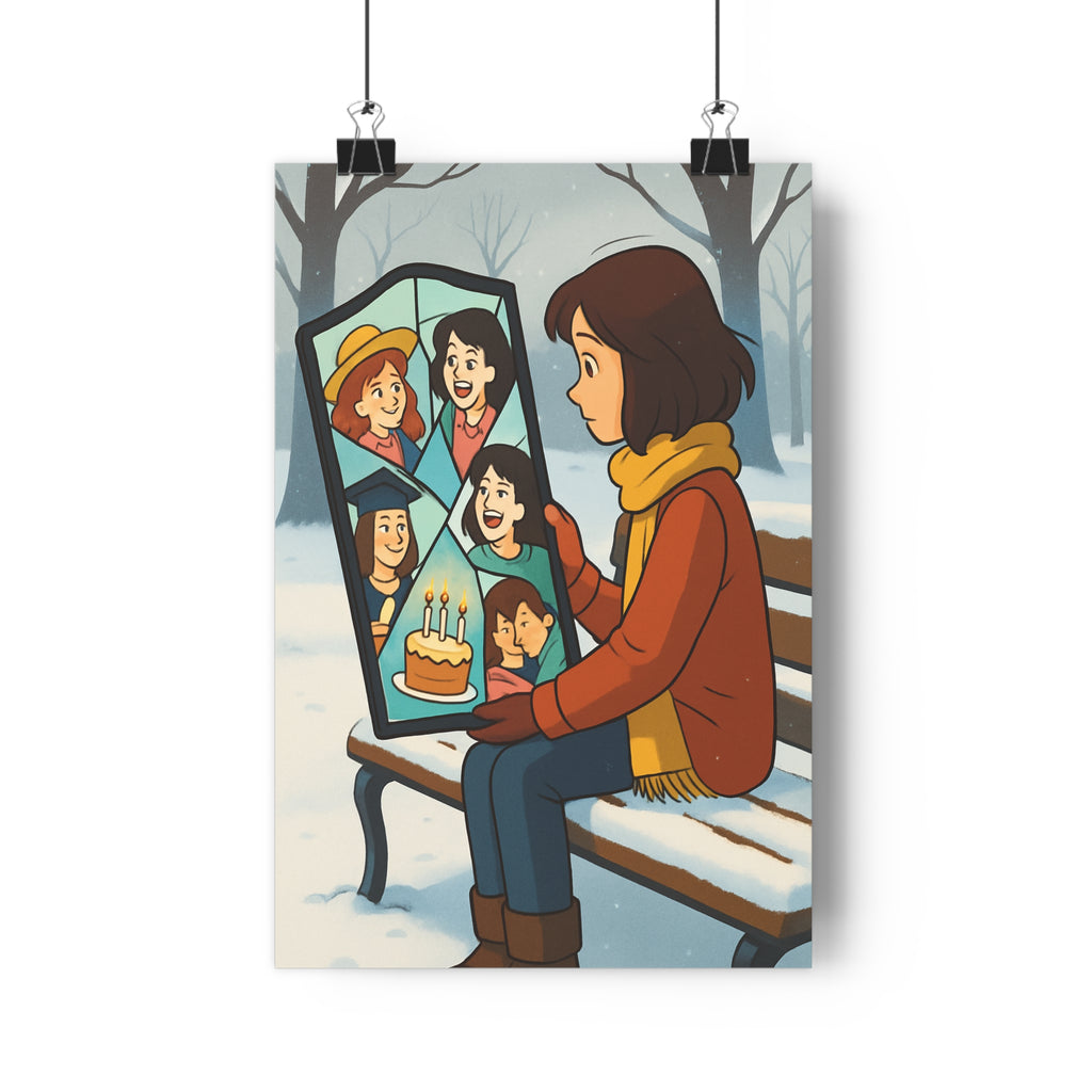 Poster décoratif surréaliste nostalgique doux animé banc neige souvenirs cadre salon rêveur unique qualité