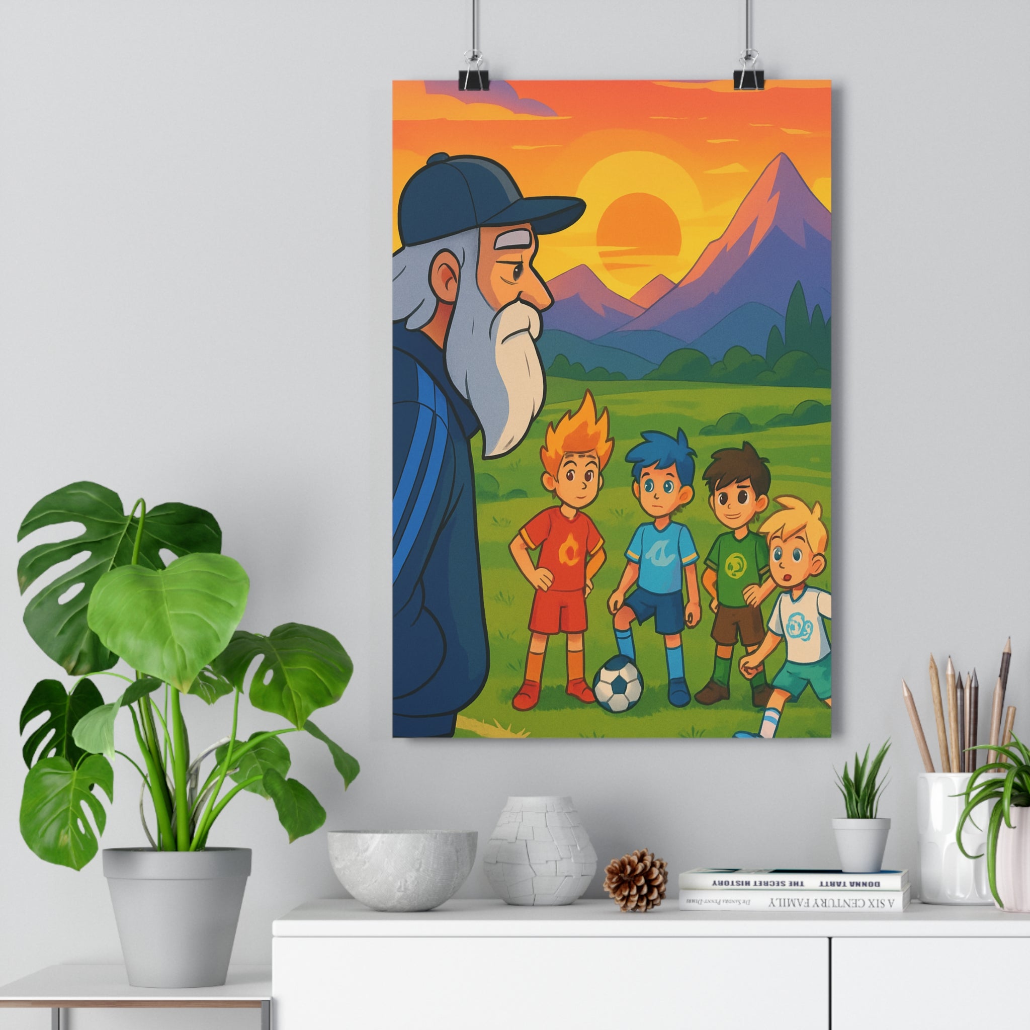 Poster décoratif football fantasy cartoon coloré enfant joyeux chambre vibrant montagne paysage sport dynamique