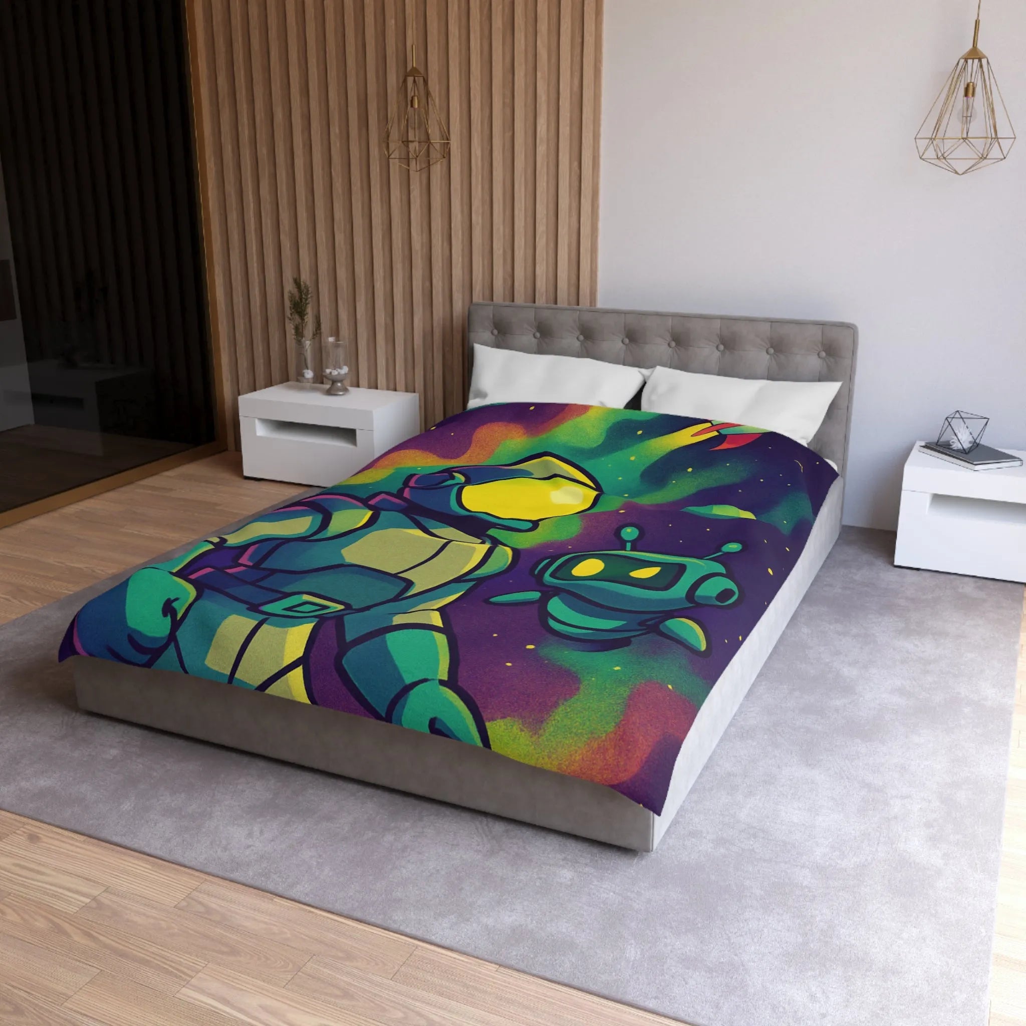 Housse de couette enfant espace avec cosmonaute et robot mignon en couleurs vives