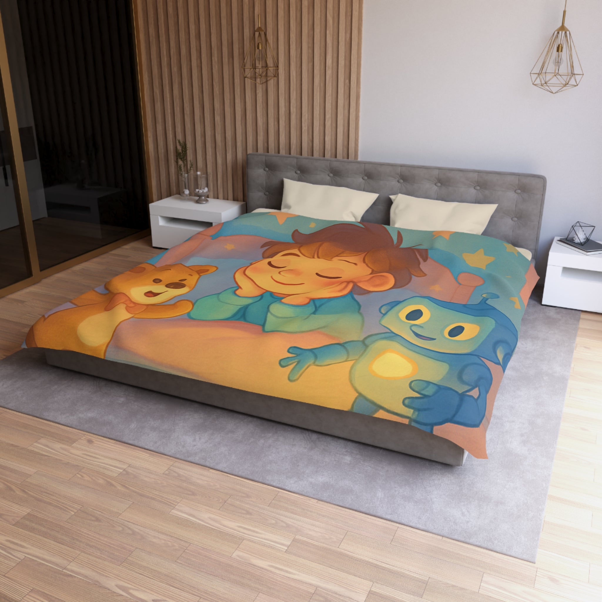 Housse pour enfants avec ourson, robot et train sur fond étoilé et lunaire