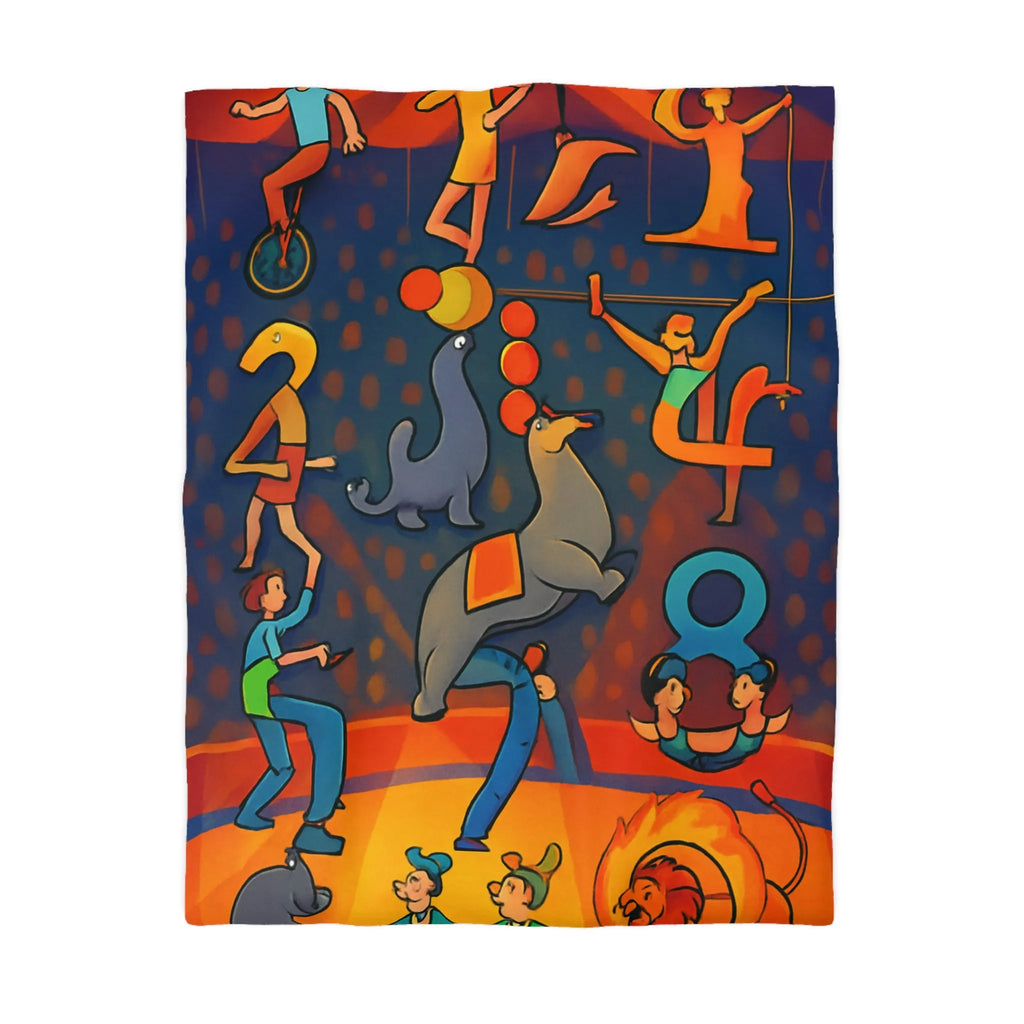 Housse de couette colorée illustrant un spectacle de cirque vibrant et dynamique