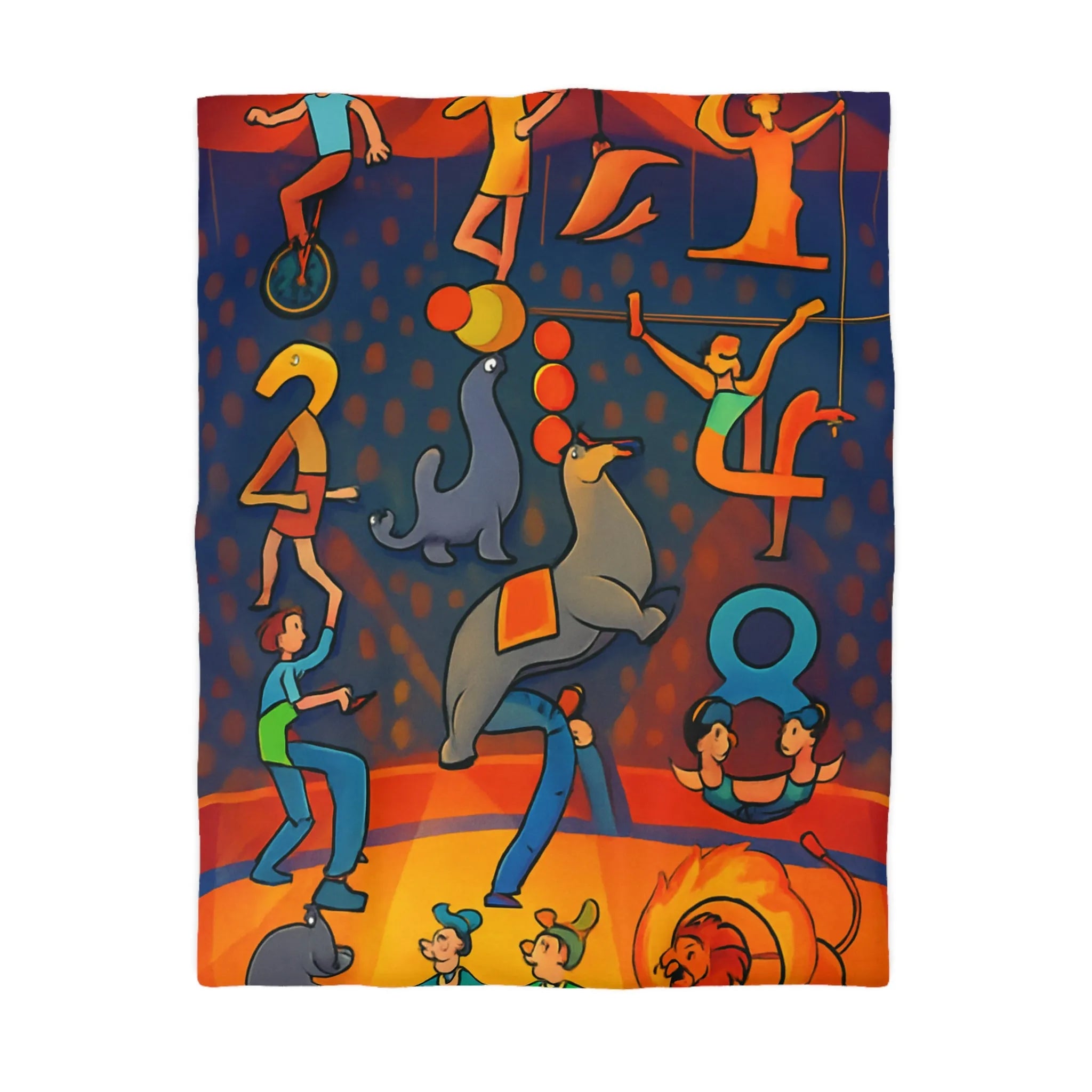 Housse de couette colorée illustrant un spectacle de cirque vibrant et dynamique