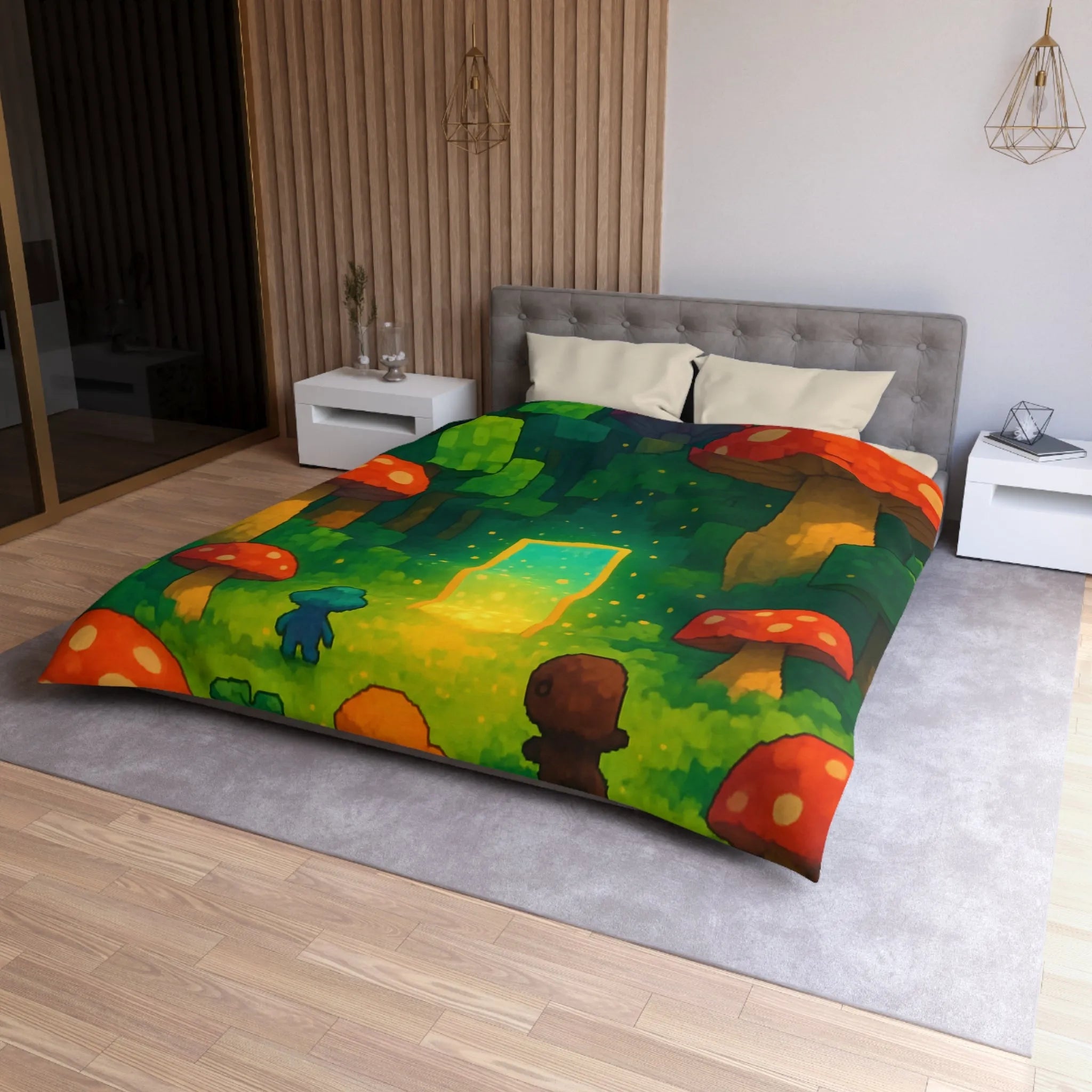 Housse de couette forêt enchantée avec créatures mignonnes et champignons rouges géants magiques