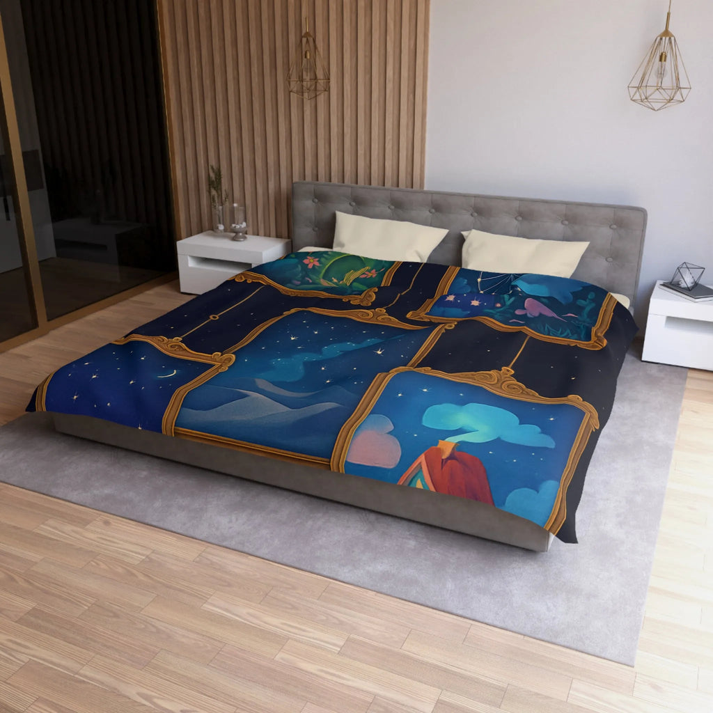 Housse de Couette Artistique avec Paysages de Nuit Étoilée et Fleuri Onirique