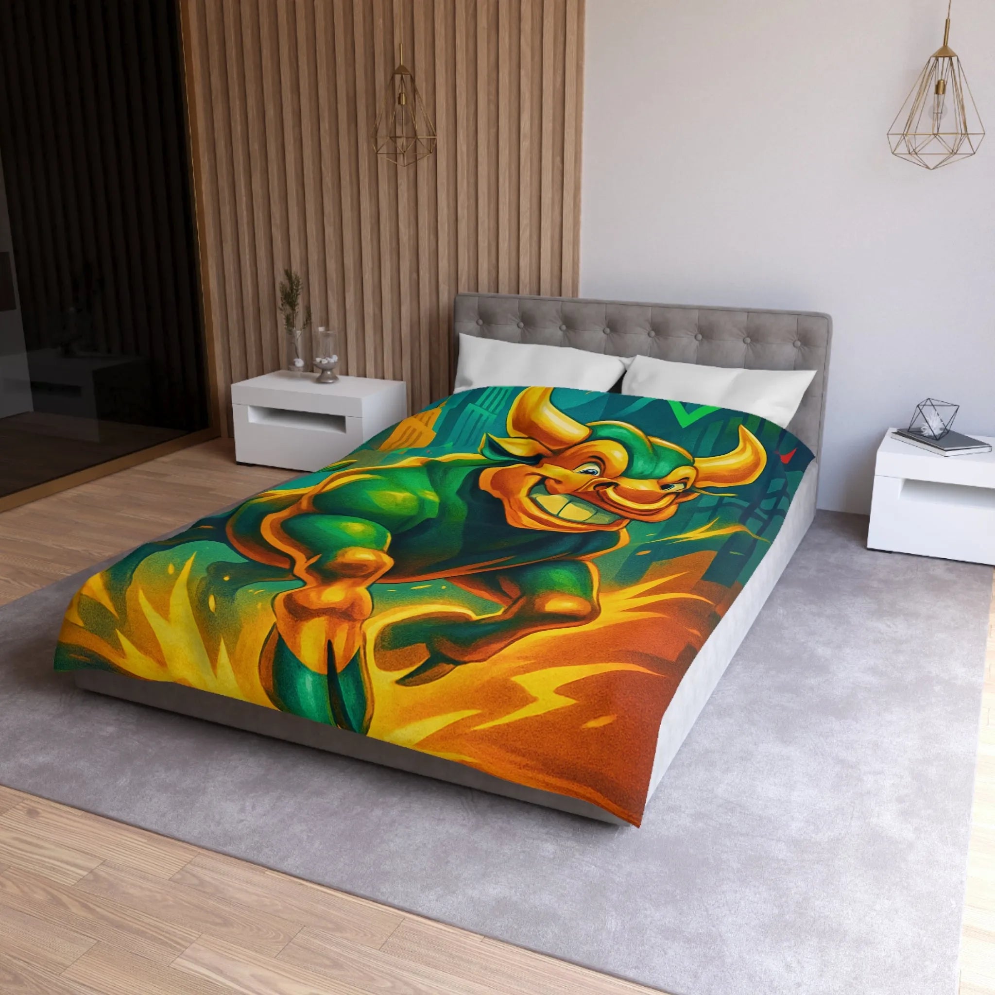 Housse de couette dynamique avec taureau optimiste et flèches de croissance urbaine