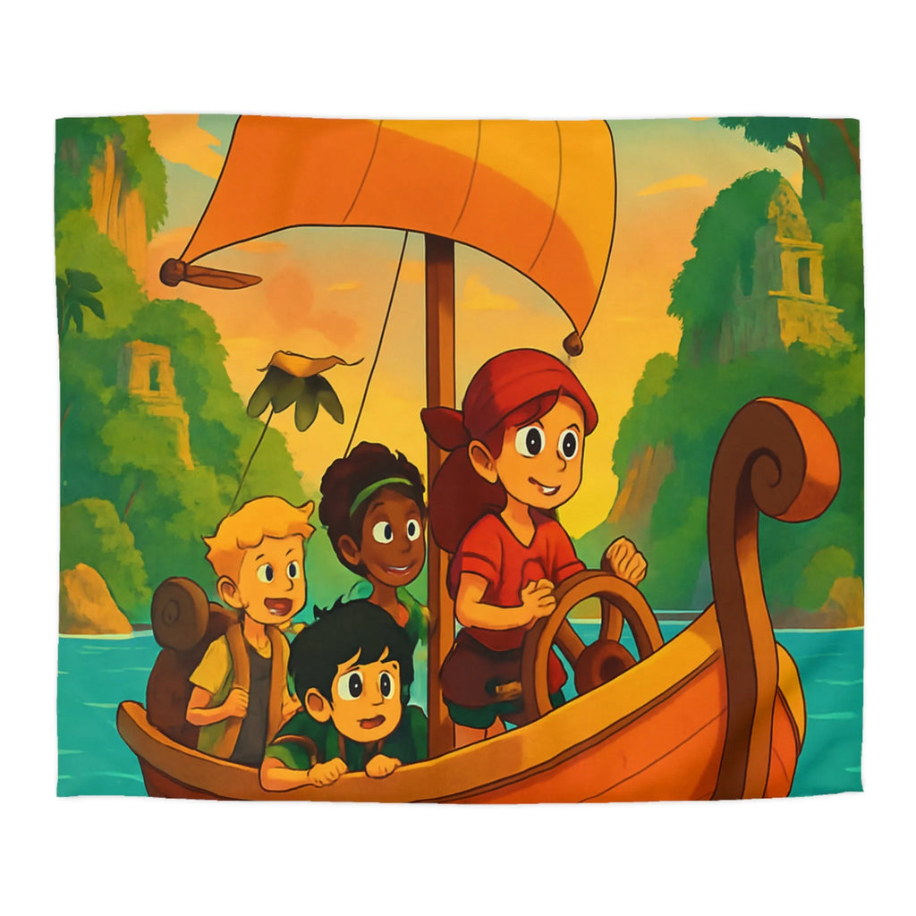 Housse de couette enfantine avec bateau, amis et animaux marins, ambiance tropicale vive