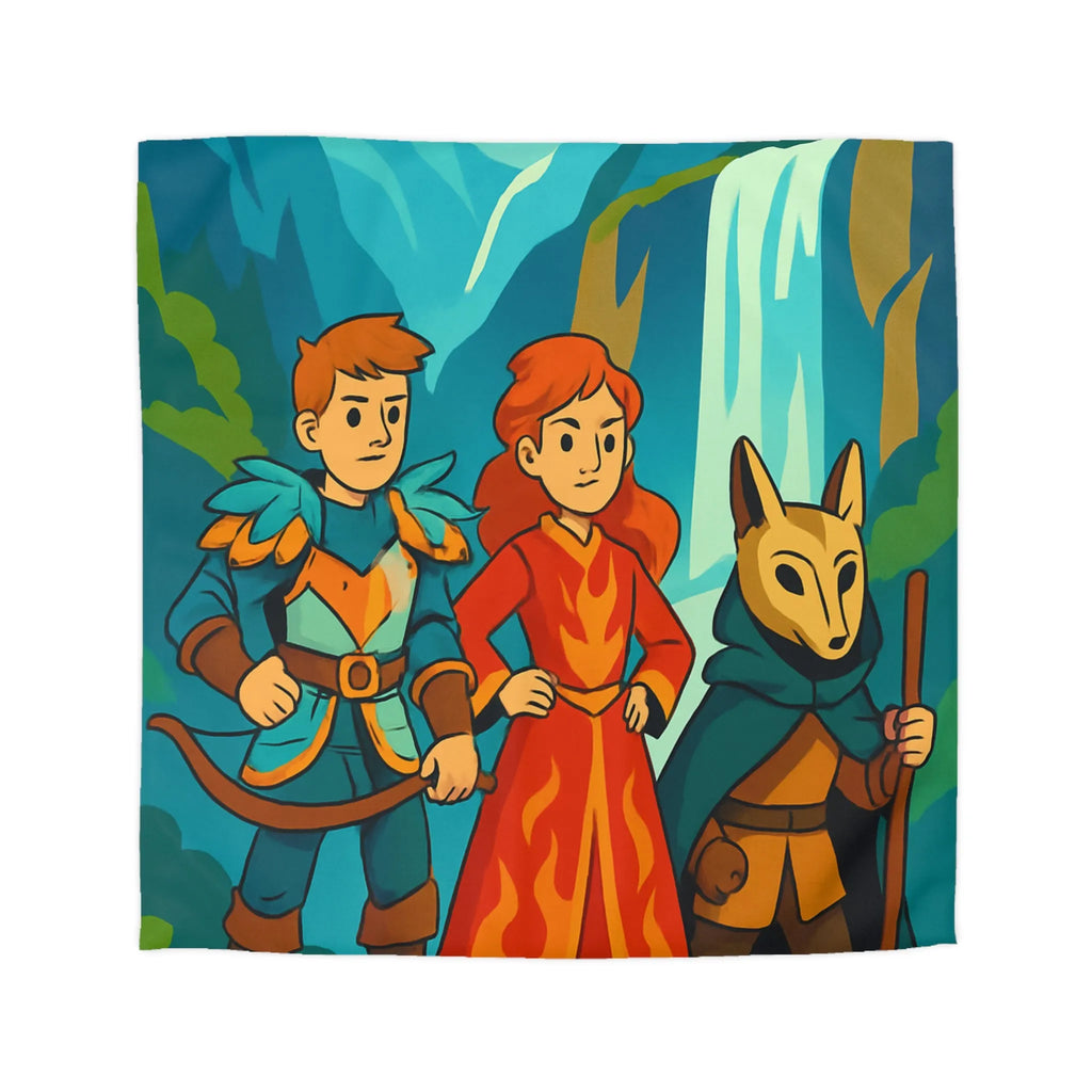 Housse de couette avec illustration aventureuse de personnages devant une cascade majestueuse