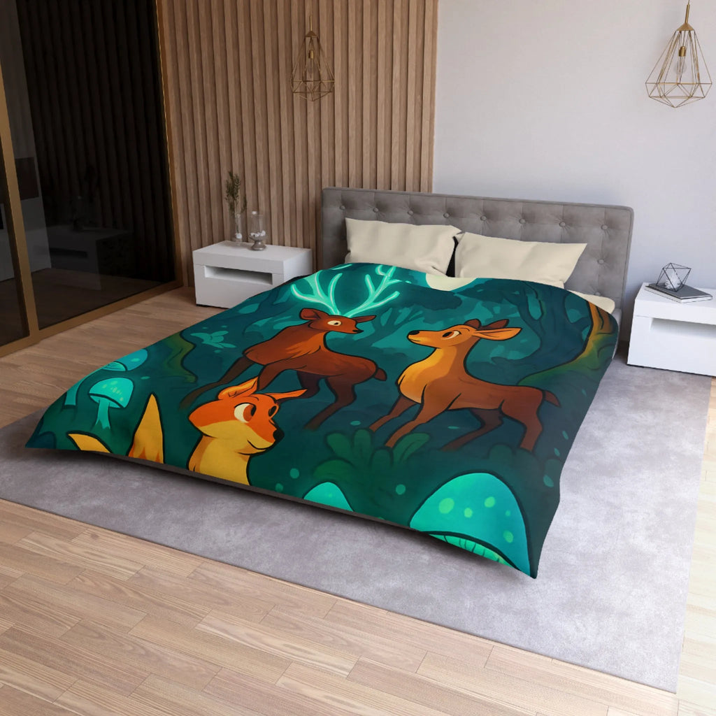 Housse de couette avec animaux de forêt et champignons sous lumière lunaire magique