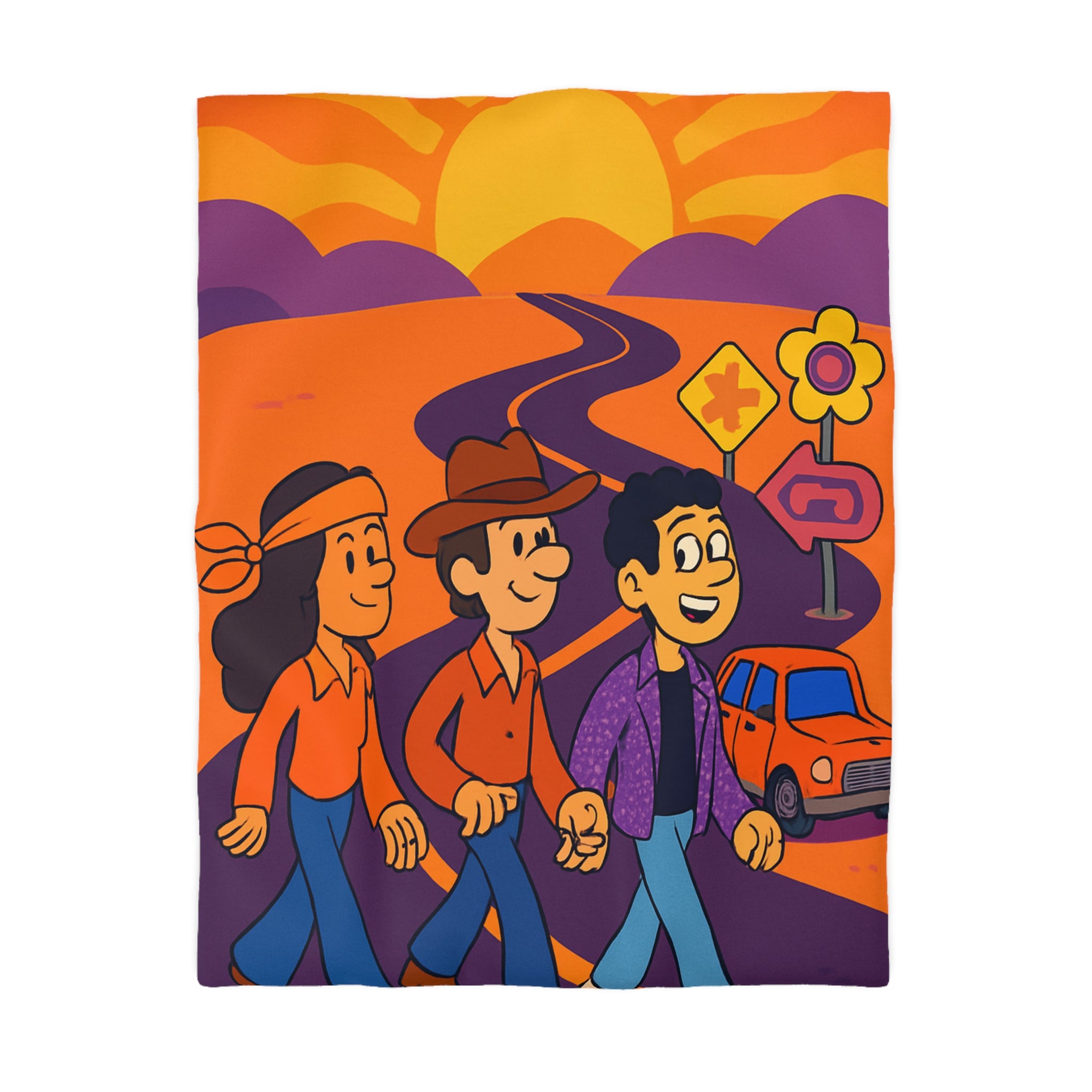 Housse de couette rétro seventies : route orange avec ciel ensoleillé et personnages