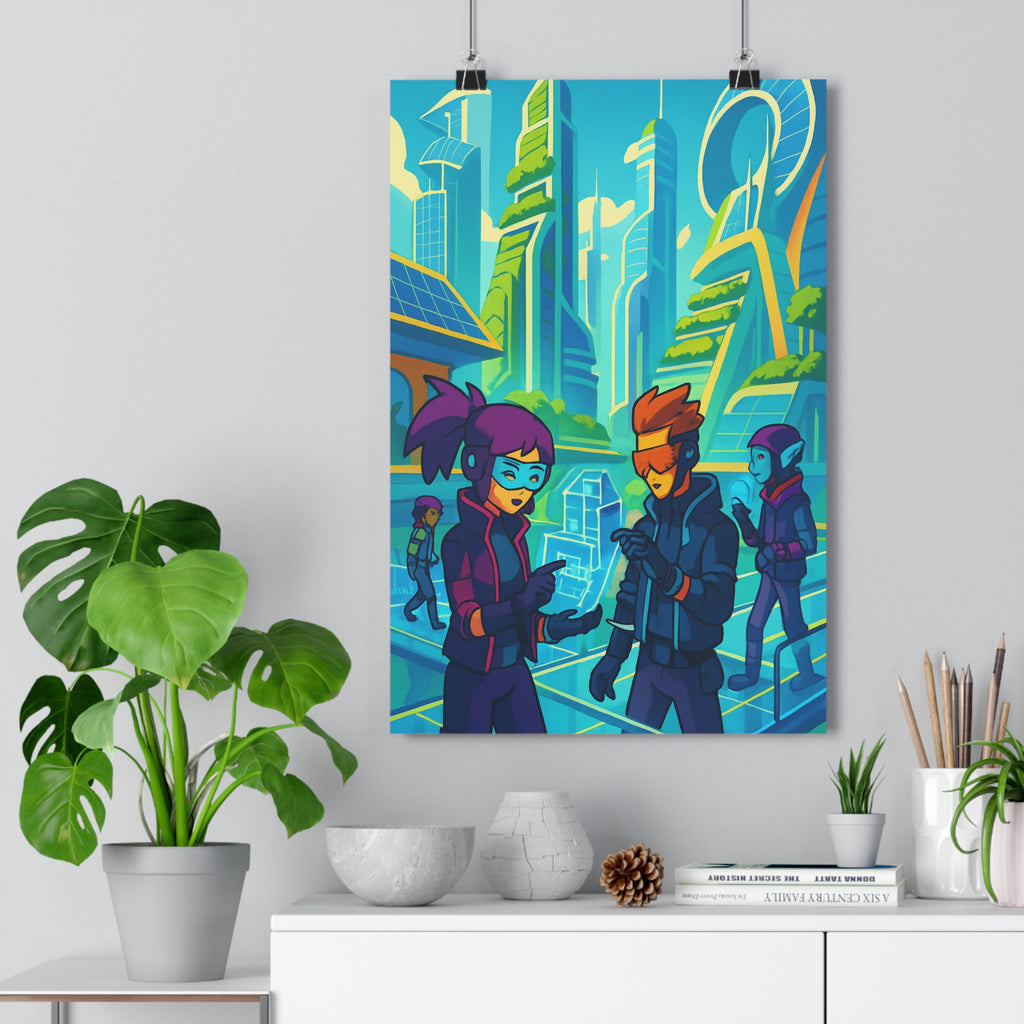 Poster décoratif futuriste animé bleu vert dynamique cyberpunk chambre bureau moderne 30x46 vibrant ville