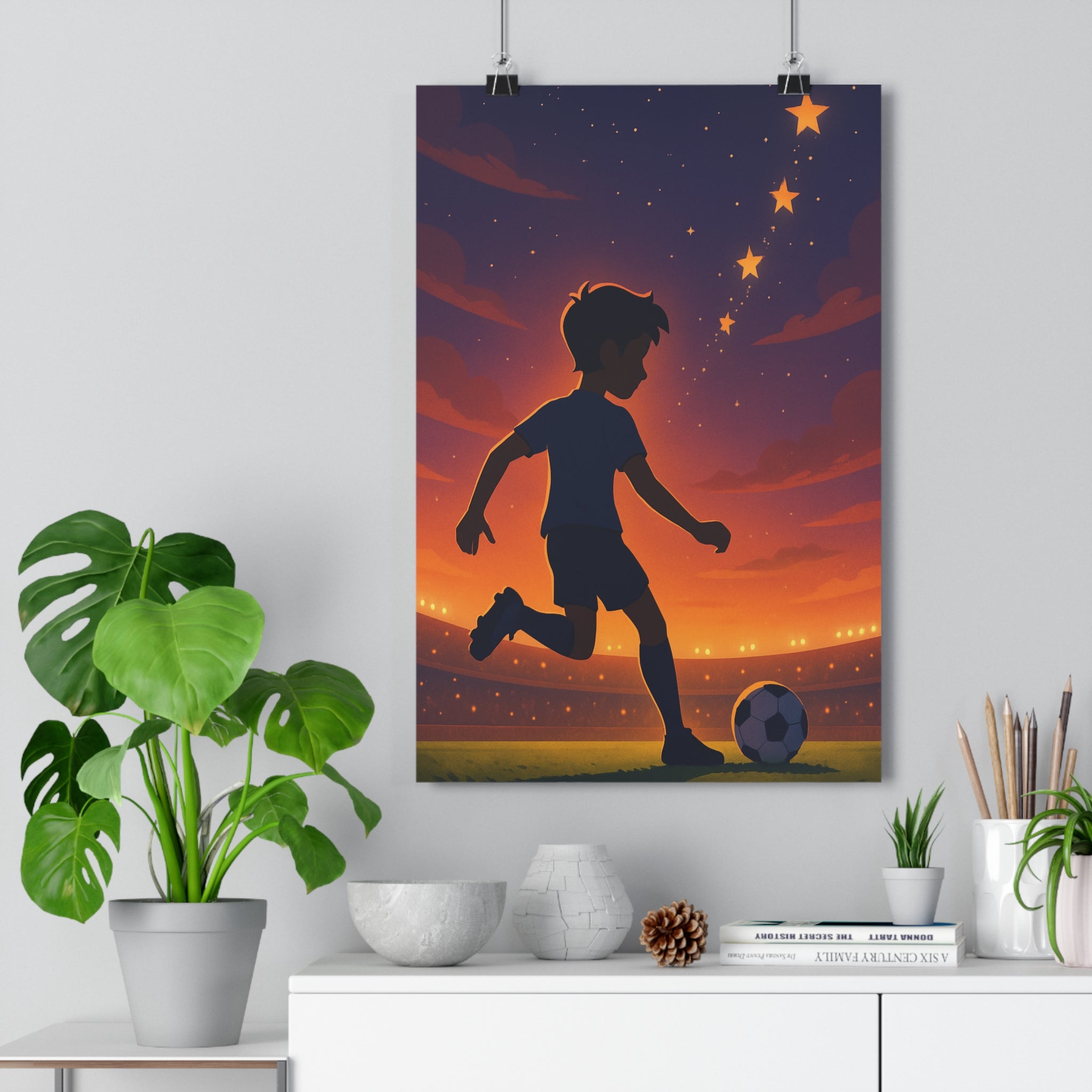 Poster décoratif football joueur action silhouette ciel étoilé moderne ambiance dynamique chambre salon qualité