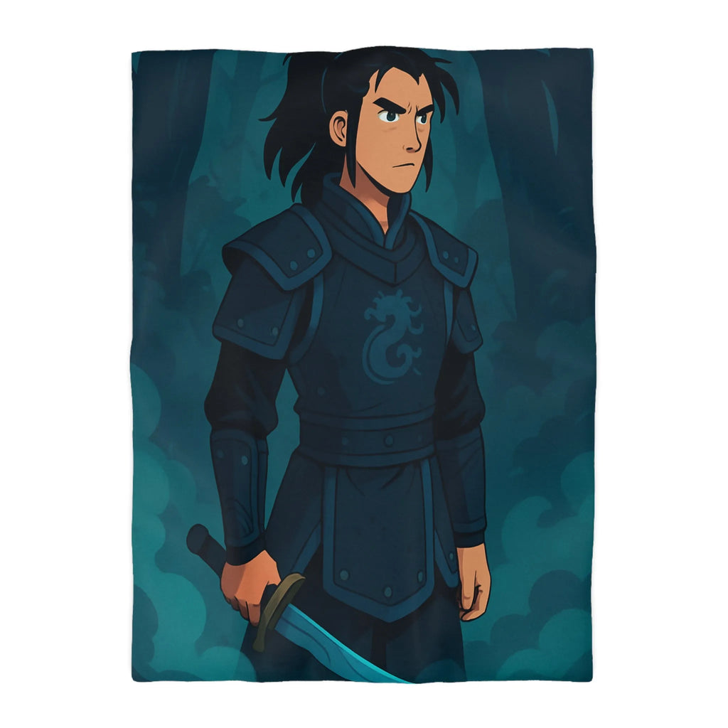 Housse de couette avec illustration guerrier en armure et épée dans la forêt magique