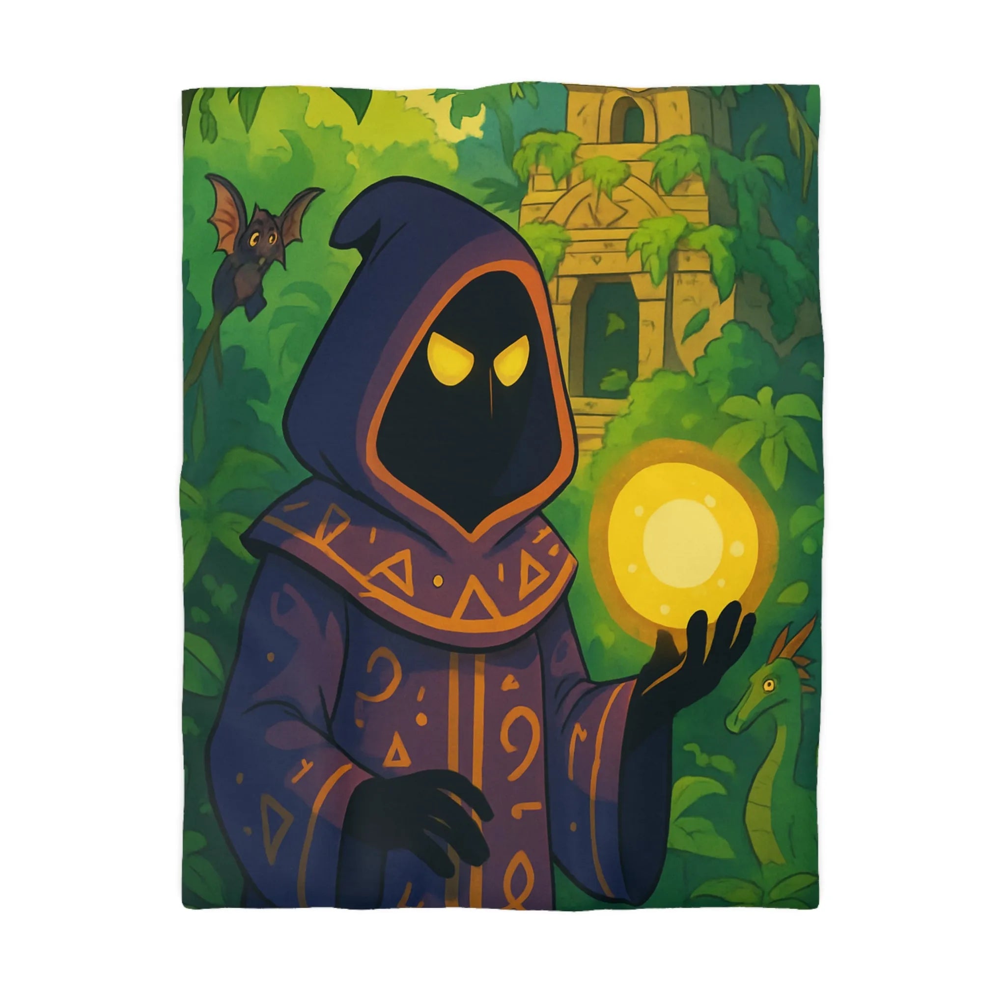 Housse de couette ambiance mystique avec mage sombre dans jungle énigmatique et temple ancien