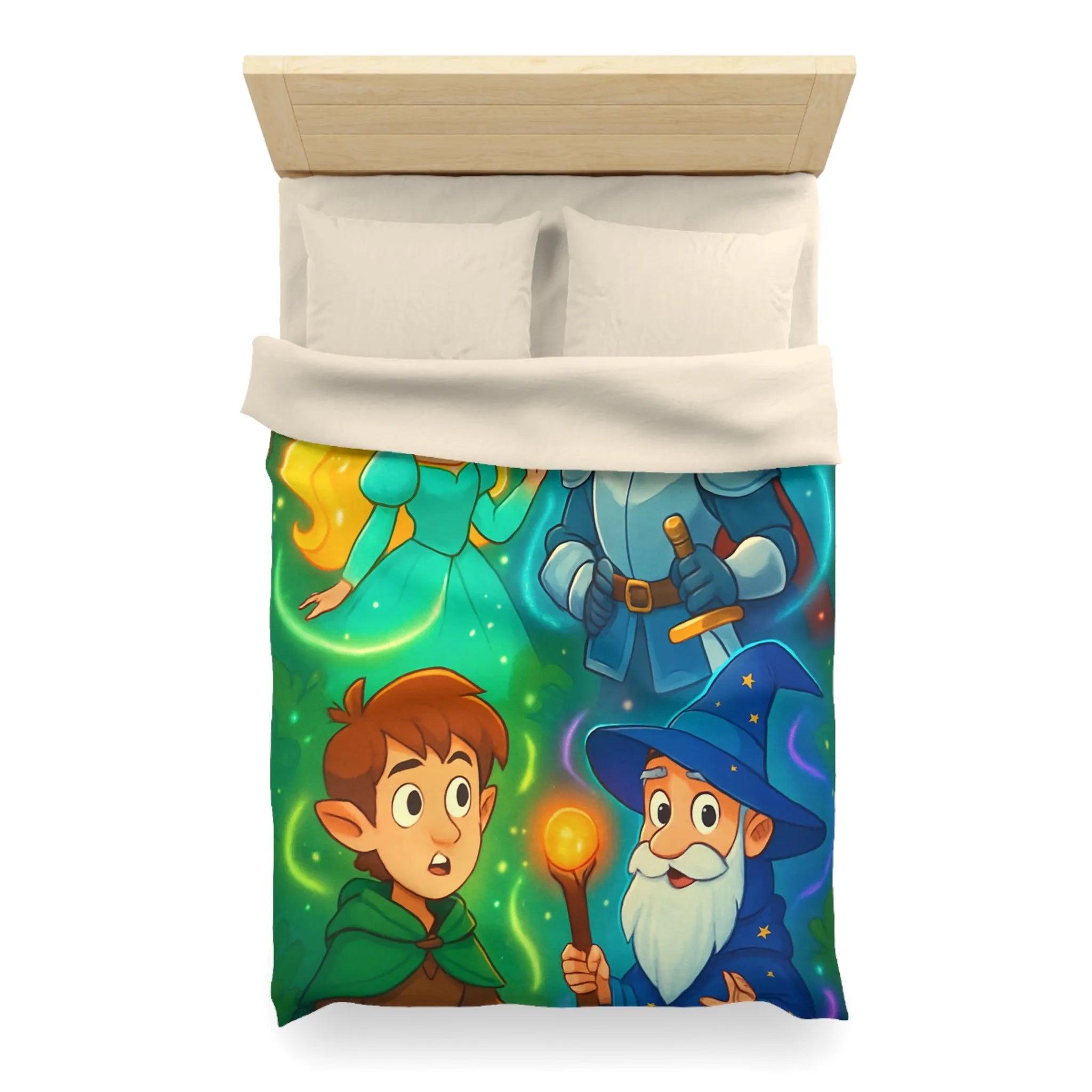 Housse de couette avec chevalier, magicien, princesse et elfes pour chambre enfant
