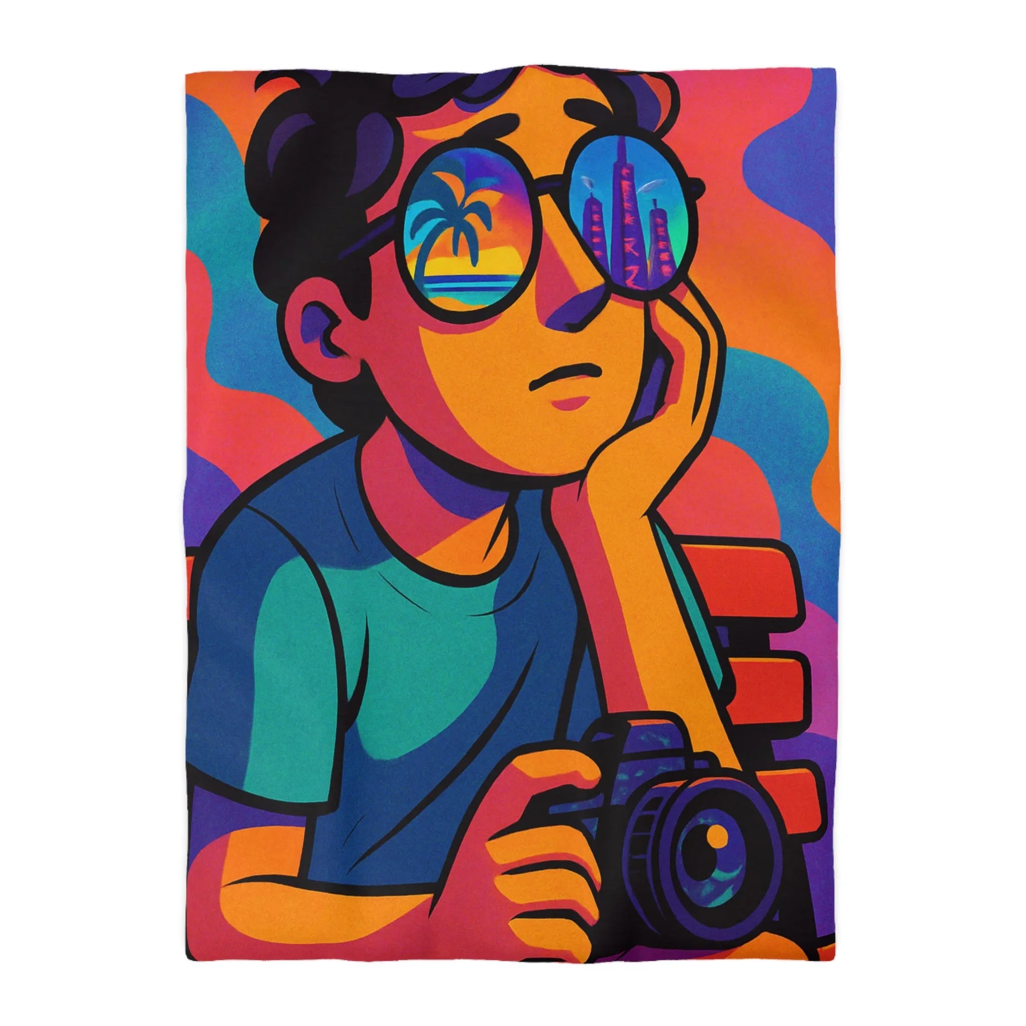 Housse de couette animée jeune rêveur lunettes de soleil et appareil photo colorés