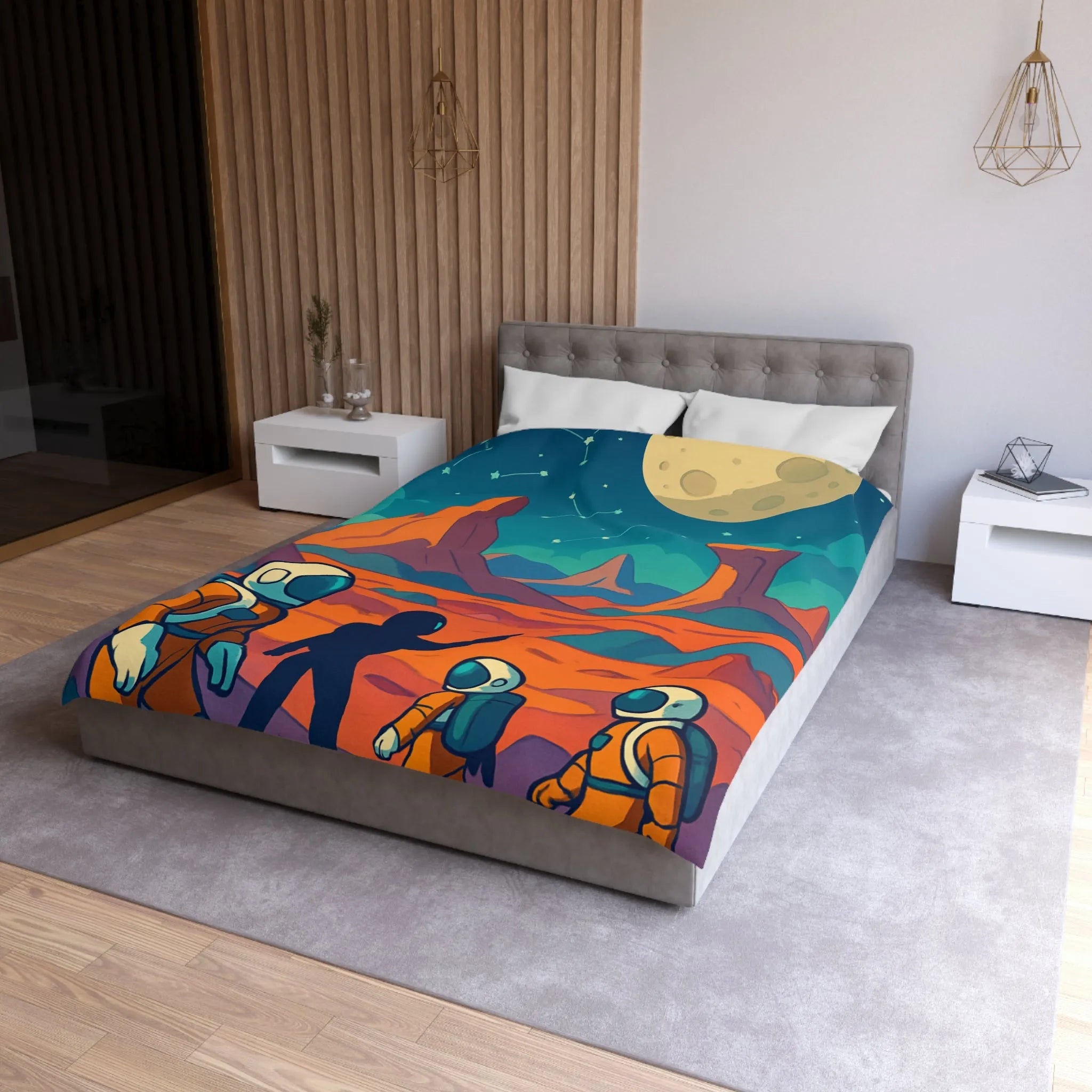 Exploration spatiale colorée : Astronautes sous la lune et constellations étoilées