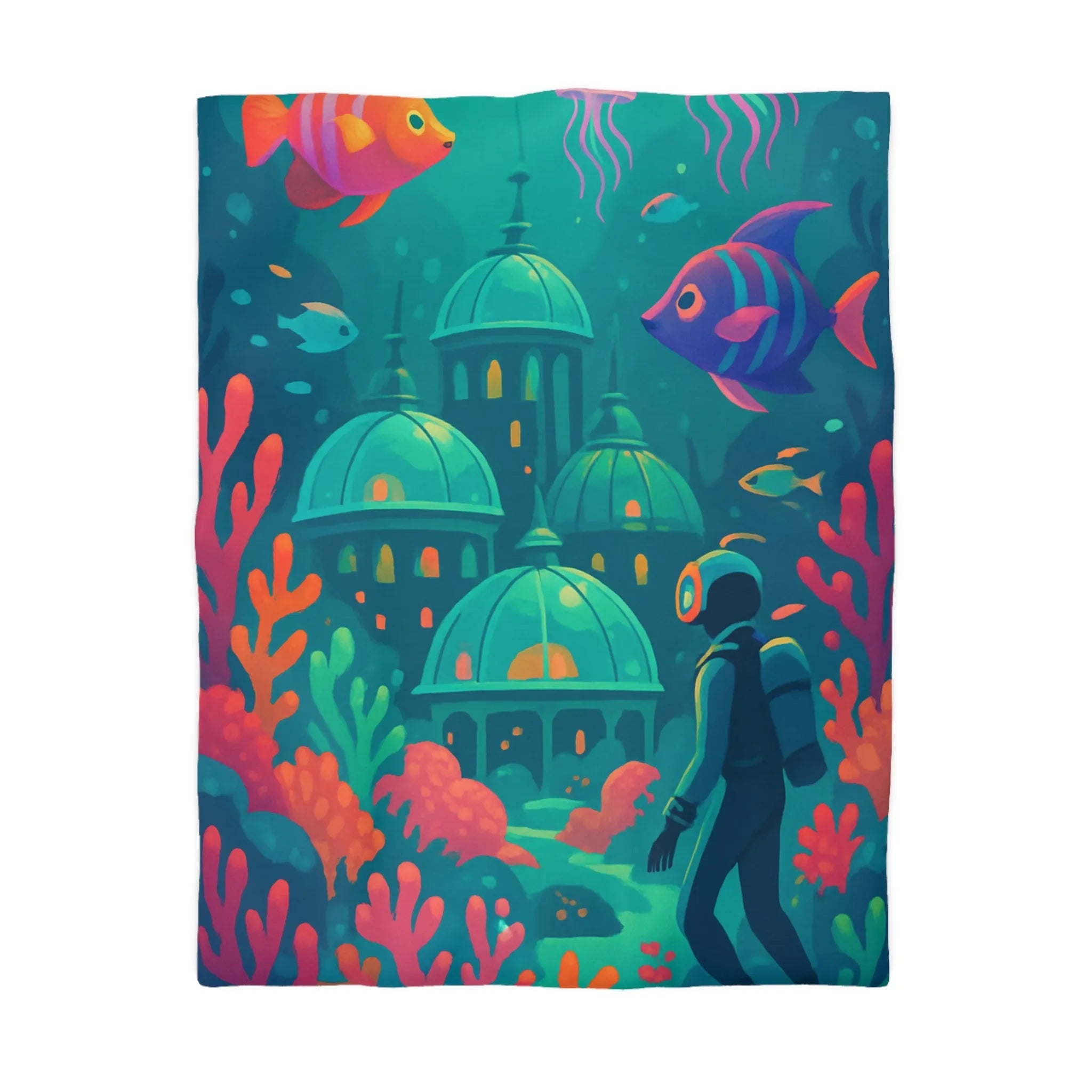 Housse de couette aux couleurs vibrantes inspirée d'une cité sous-marine avec poissons exotiques
