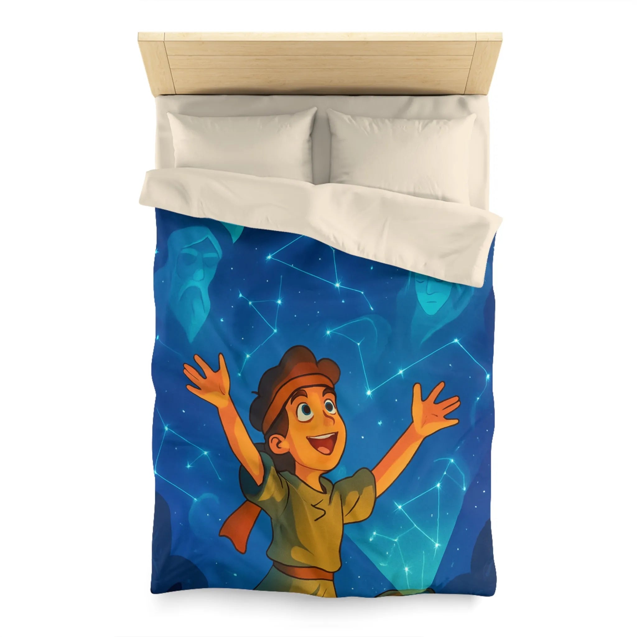 Housse de couette illustrée nocturne avec enfant, robot et constellations célestes inspirantes