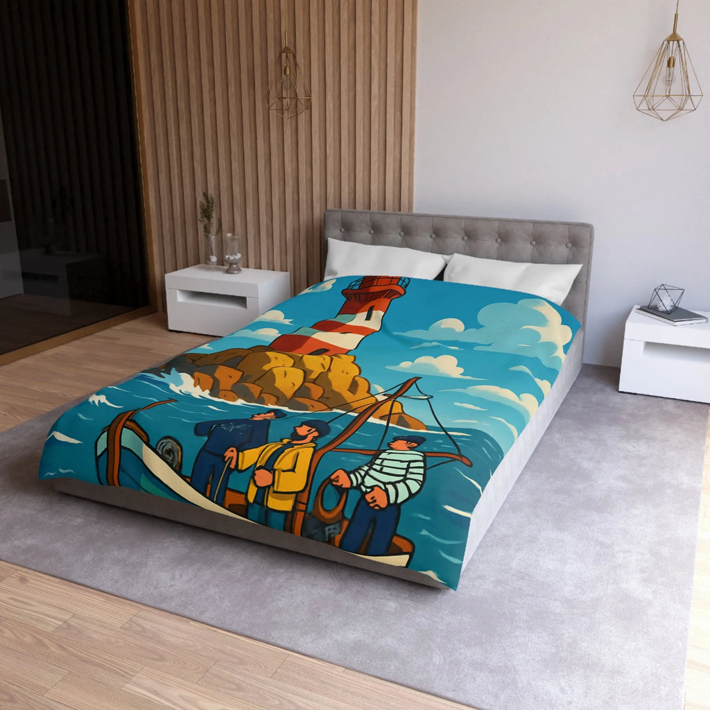 Housse de couette maritime avec phare, bateau et équipage sur mer agitée