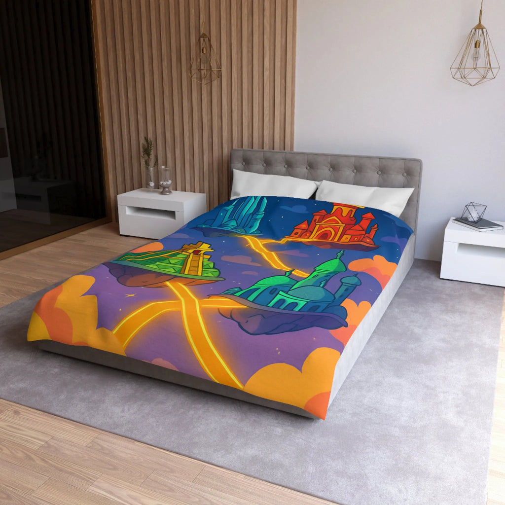 Housse de couette colorée avec design fantastique de villes flottantes lumineuses et oniriques