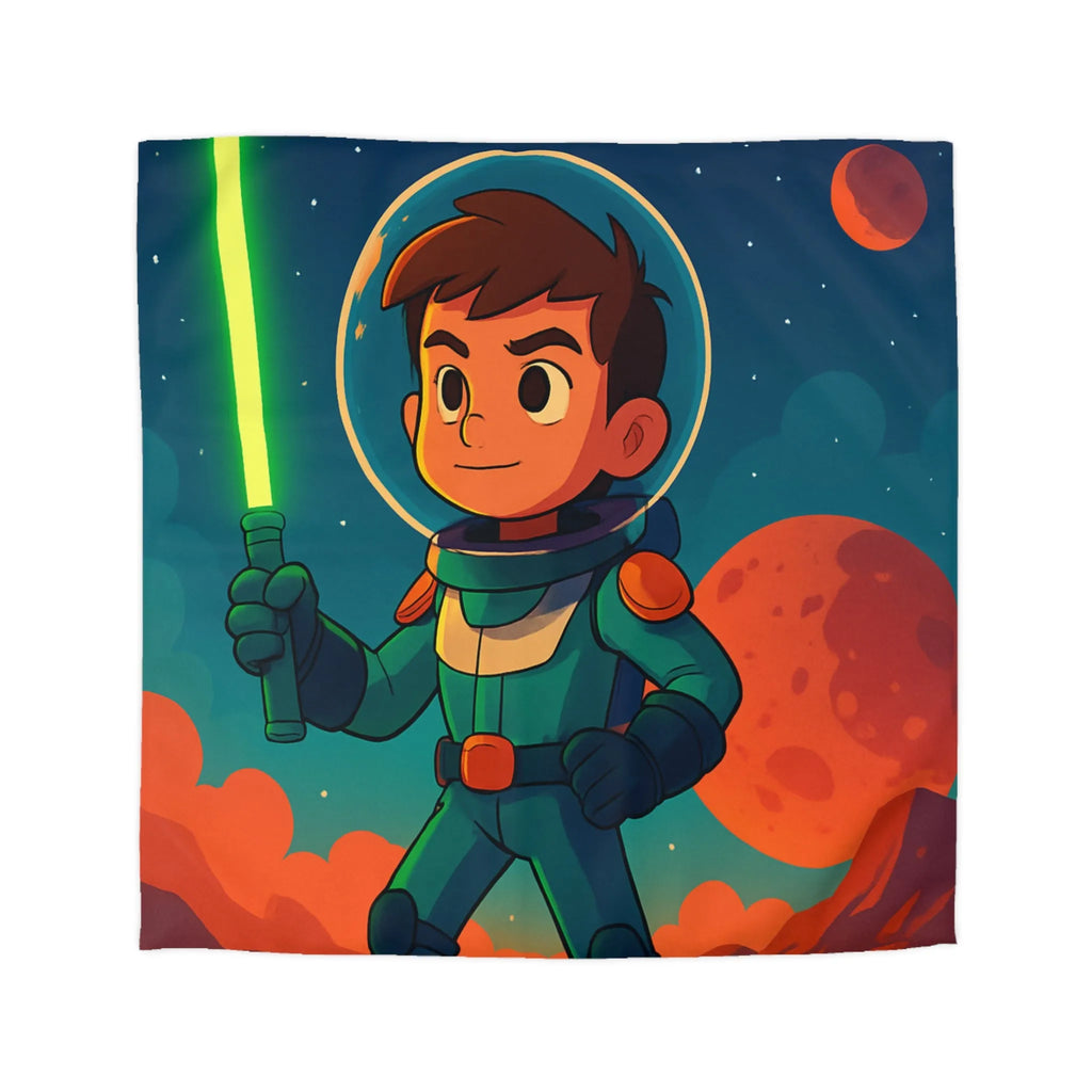Housse de couette illustrée avec enfant astronaute et épée dans l'espace coloré