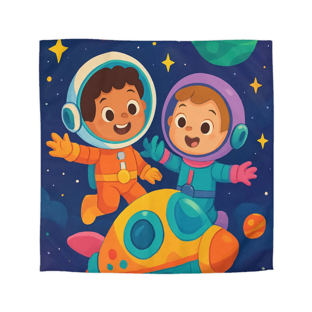Couette Enfantine Cosmos : Enfants en Vaisseau Spatial avec Planètes et Étoiles Colorées