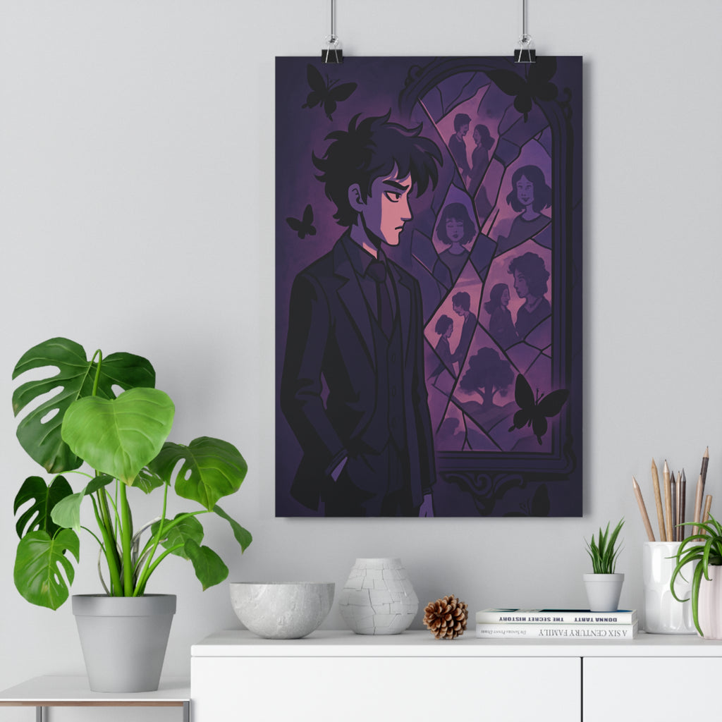 Poster décoratif surréaliste violet bleu mystérieux rêveur salon chambre costume papillons miroir brisé 30x46