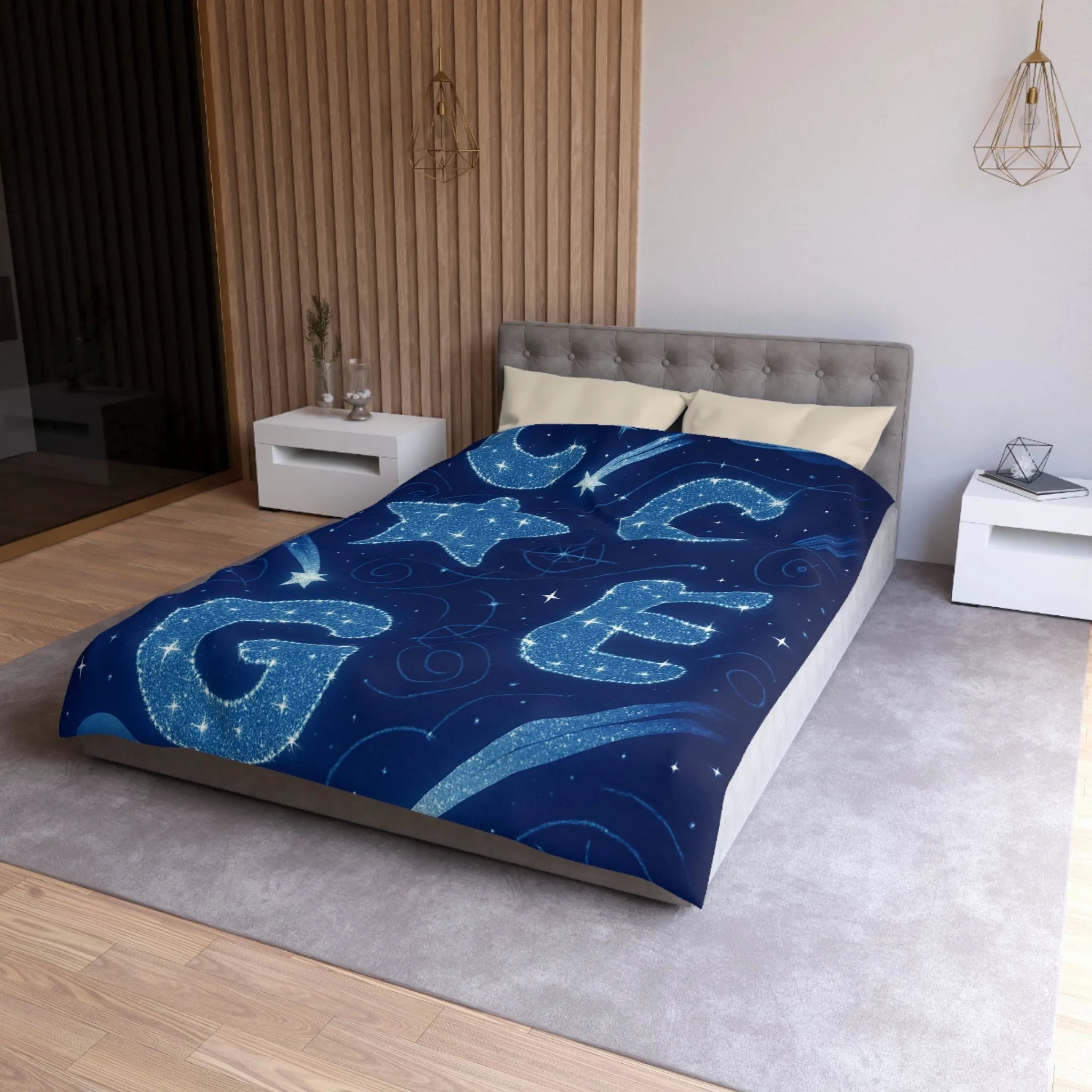 Housse de couette espace étoilé avec lettres scintillantes et planètes en arrière-plan