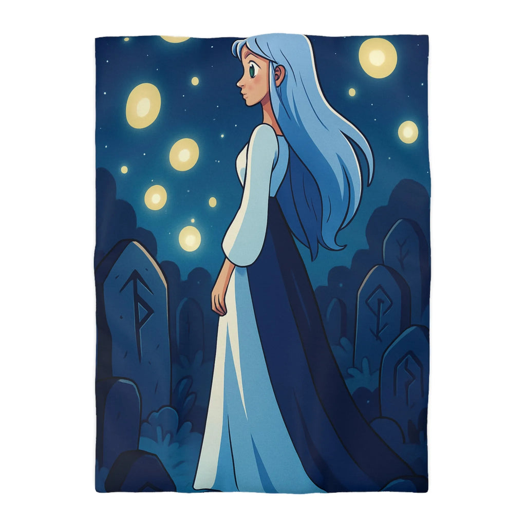 Housse de couette avec femme éthérée dans un cimetière éclairé par des lucioles mystiques