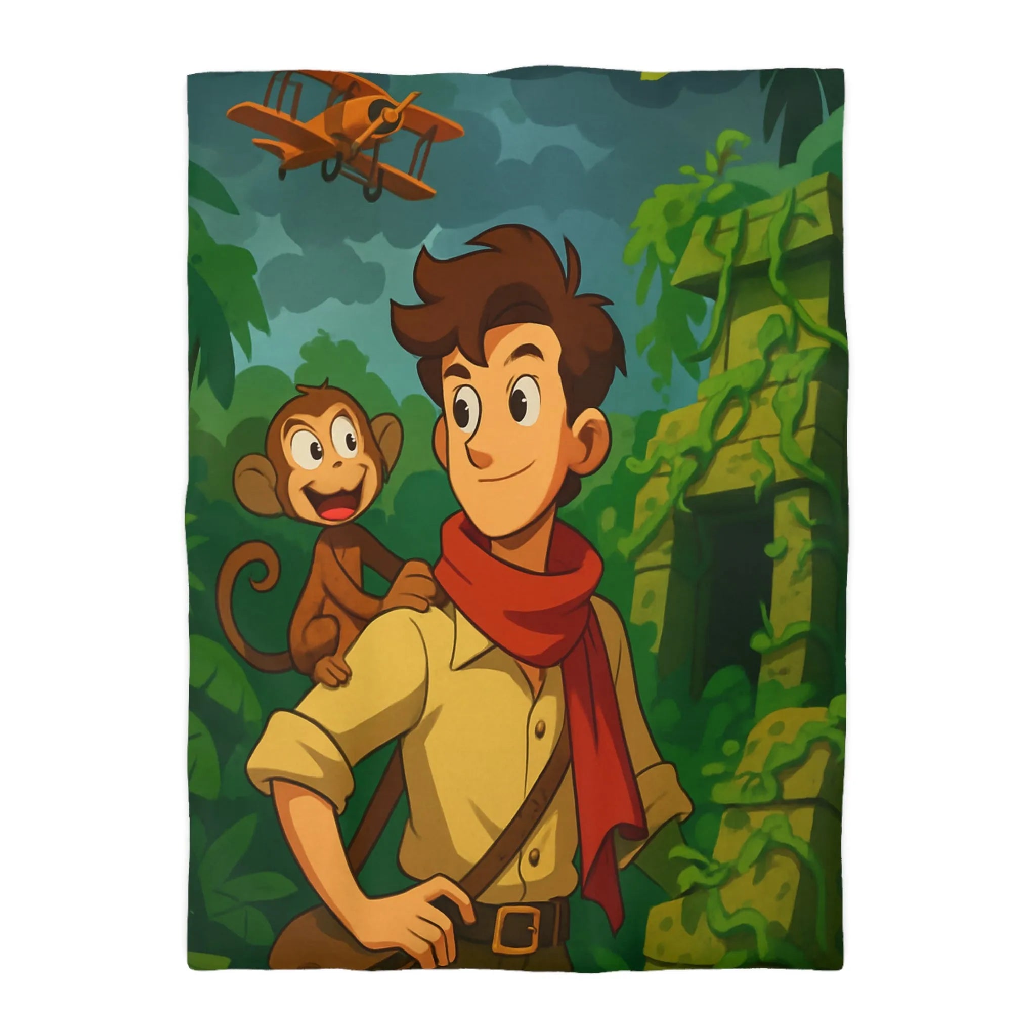Housse de couette jungle aventure avec singe, avion biplan et ruines mystérieuses
