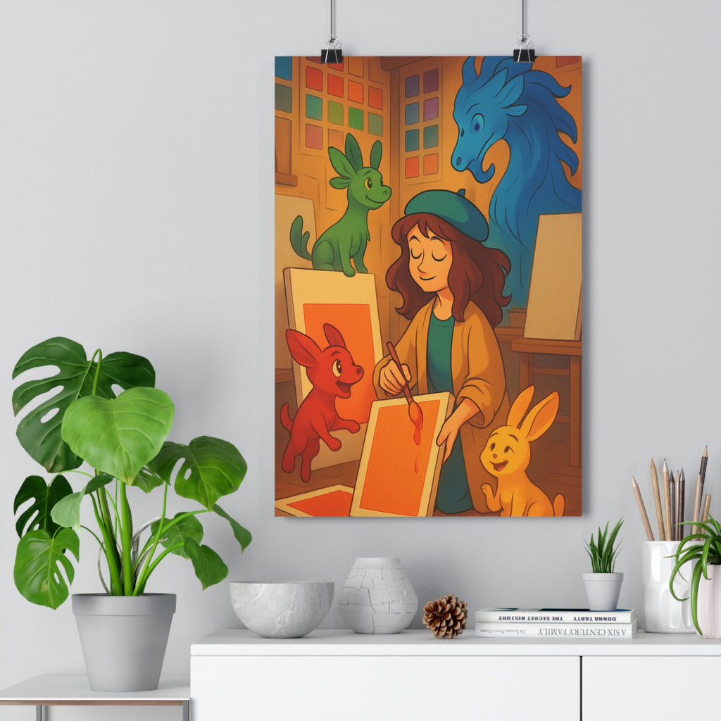 Poster décoratif artistique coloré bleu rouge jaune vert surréaliste joyeux enfant chambre unique style