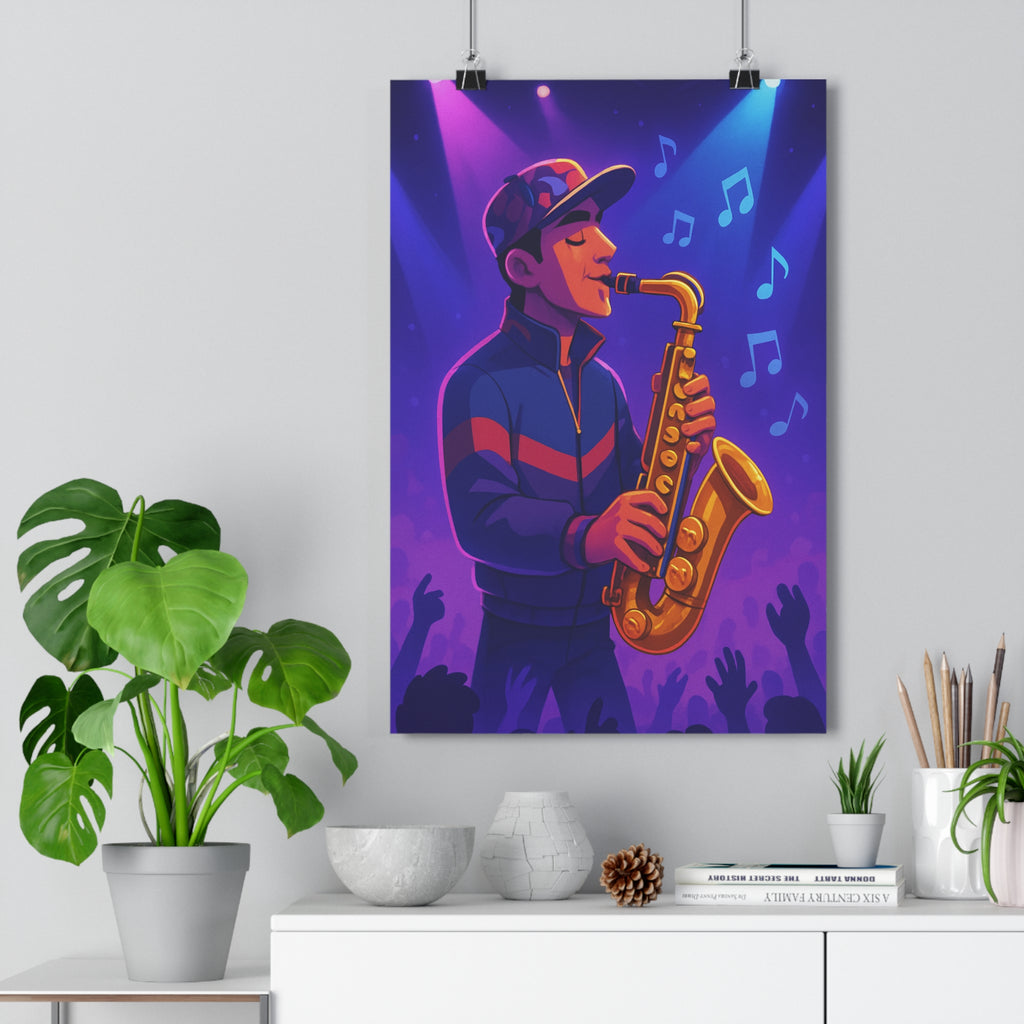 Poster décoratif saxophone musique années 90 violet bleu géométrique artistique moderne salon chambre bureau