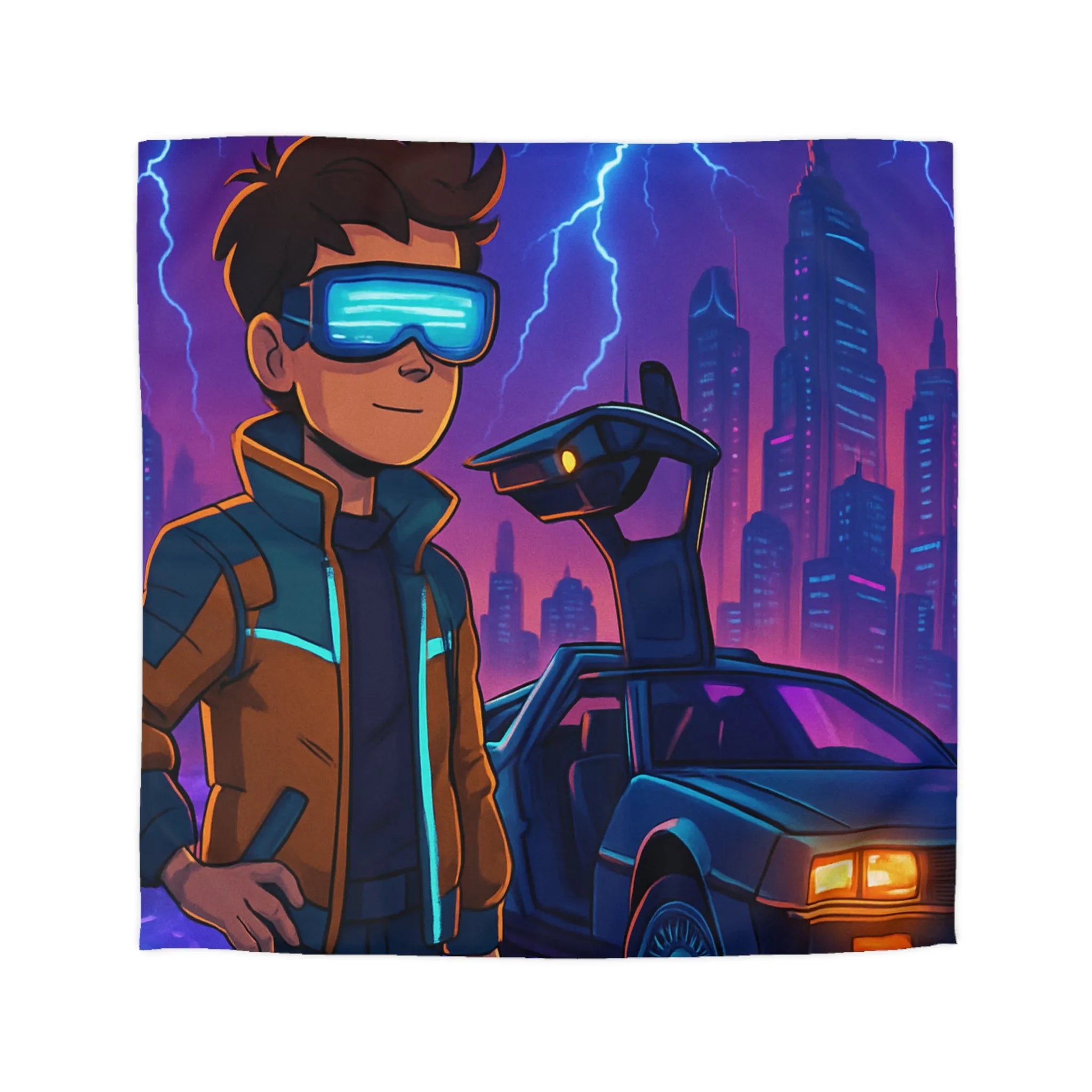 Housse de Couette Futuriste Style Rétro avec Éclair, Voiture et Jeune Garçon Aventureux