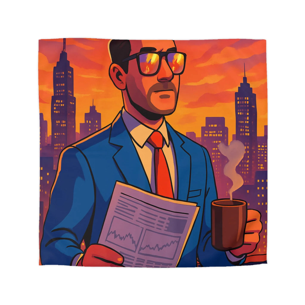 Housse de couette élégante avec silhouette urbaine et homme au coucher de soleil