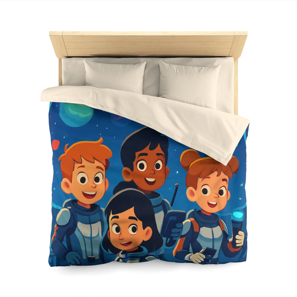 Housse de couette enfant en exploration spatiale avec planètes colorées et jeunes astronautes