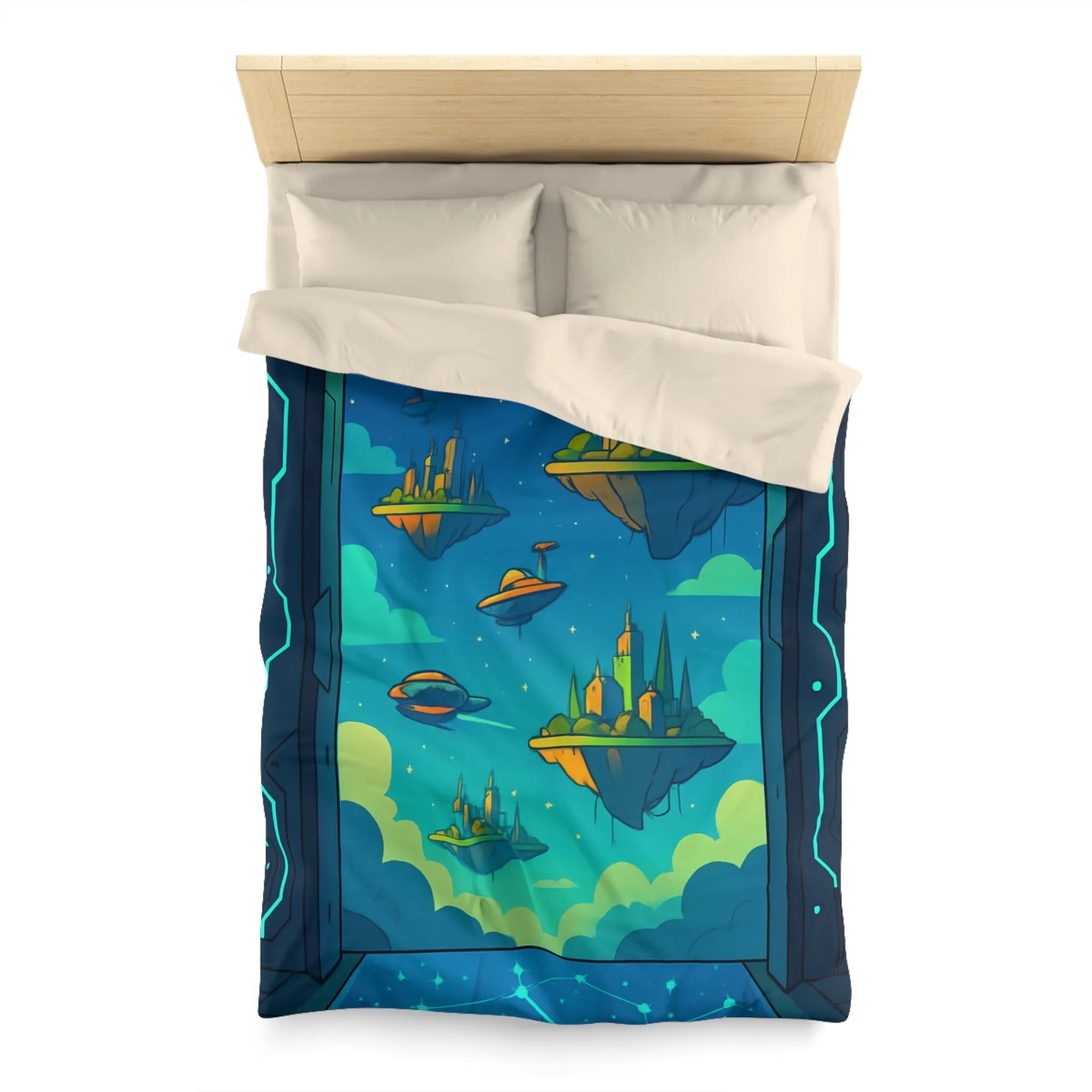 Housse de couette futuriste avec cités flottantes sous ciel étoilé et vaisseaux spatiaux