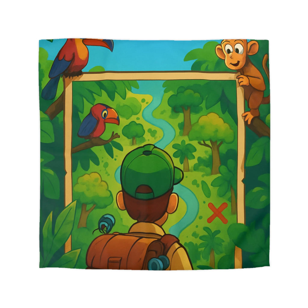 Housse de couette jungle avec enfant explorateur, singe, perroquet et montgolfière colorée