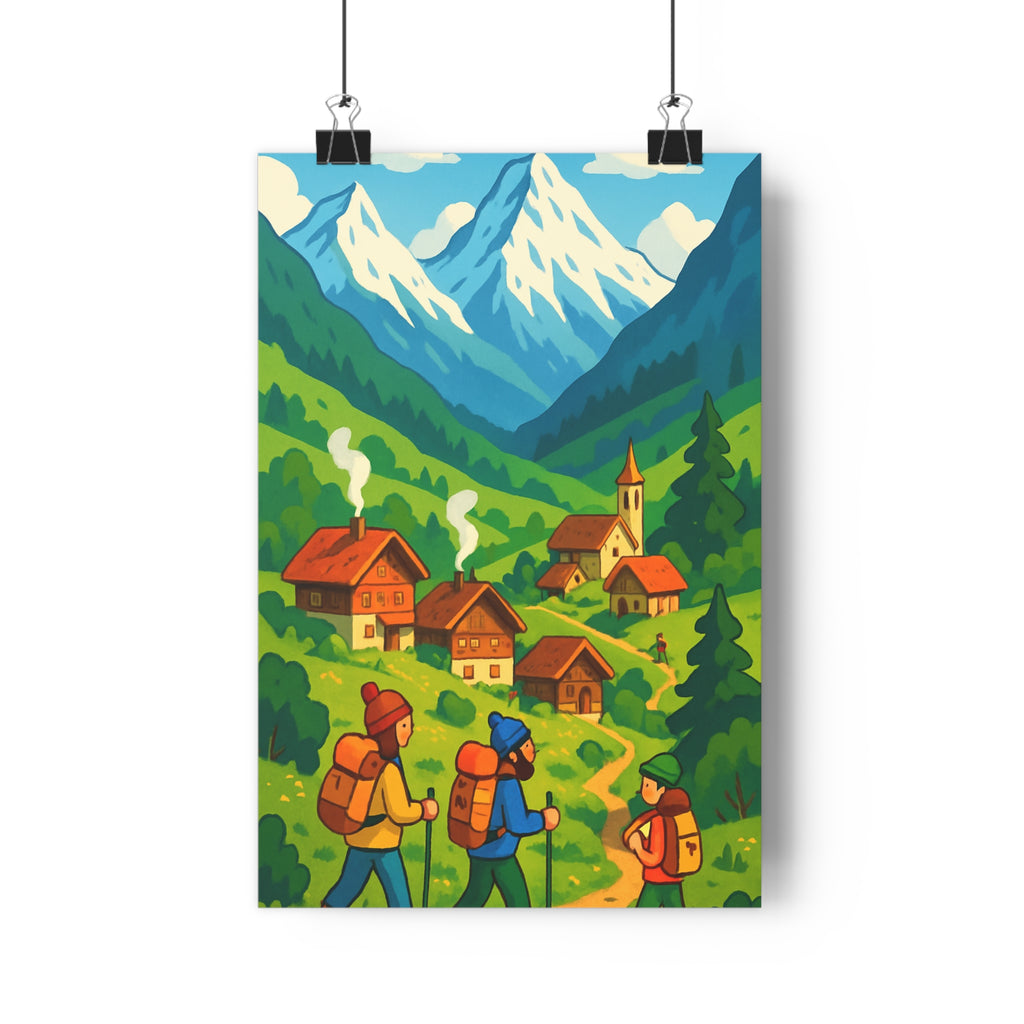 Poster décoratif cartoon village pittoresque rouge joyeux montagne salle enfant maison chaleureux qualité unique