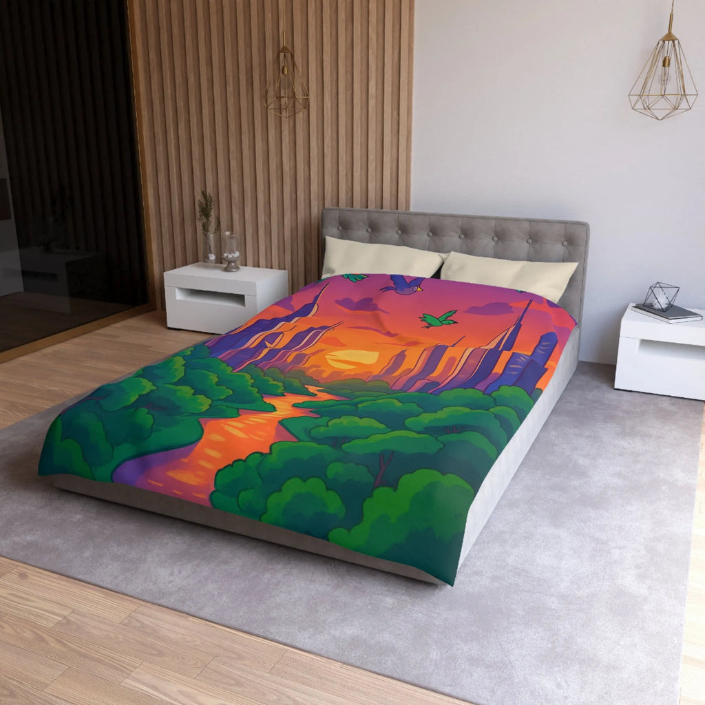 Housse de couette avec illustration urbaine et naturelle au coucher du soleil envoûtant