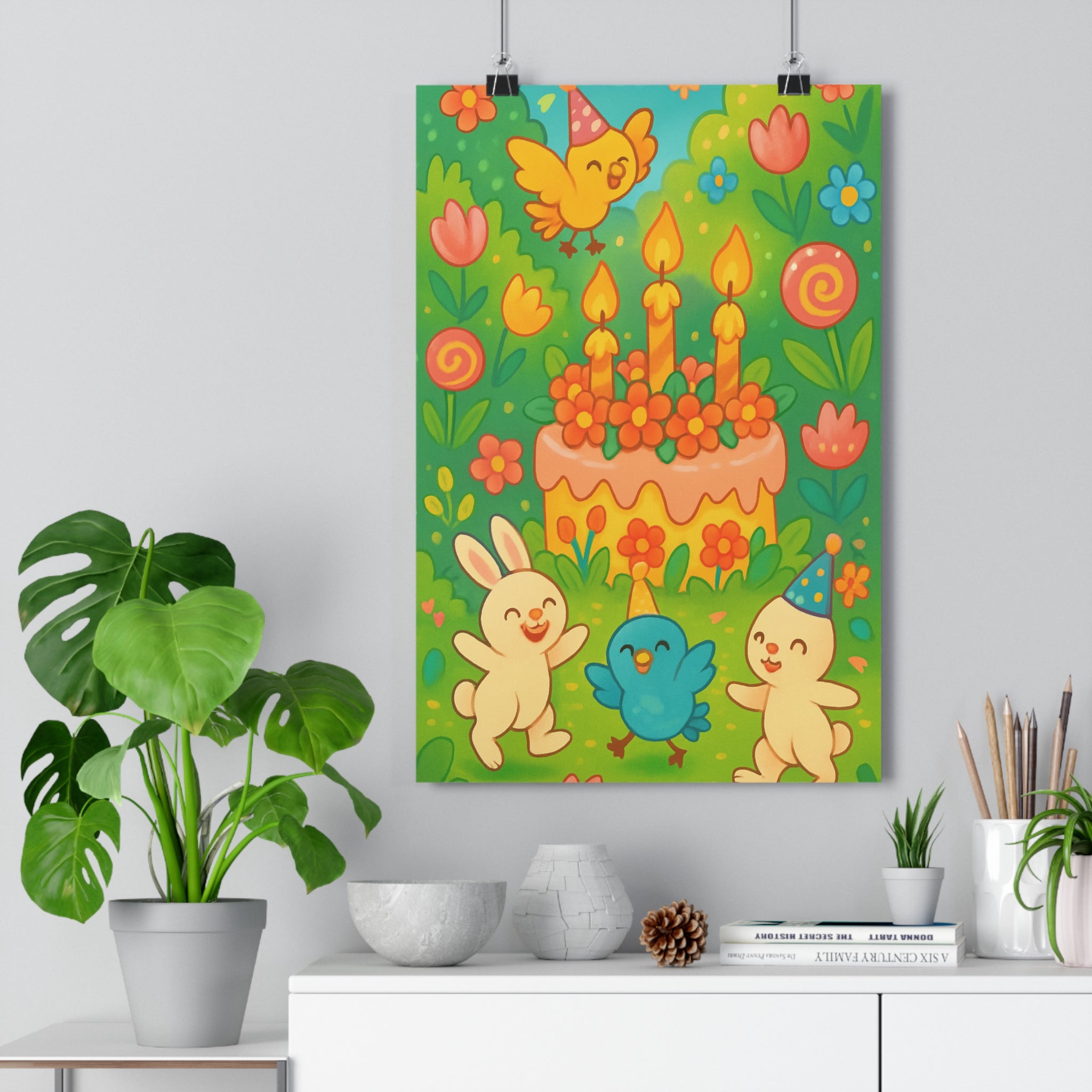 Poster décoratif cartoon joyeux anniversaire enfants vert jaune rose bleu animaux chambre salon qualité