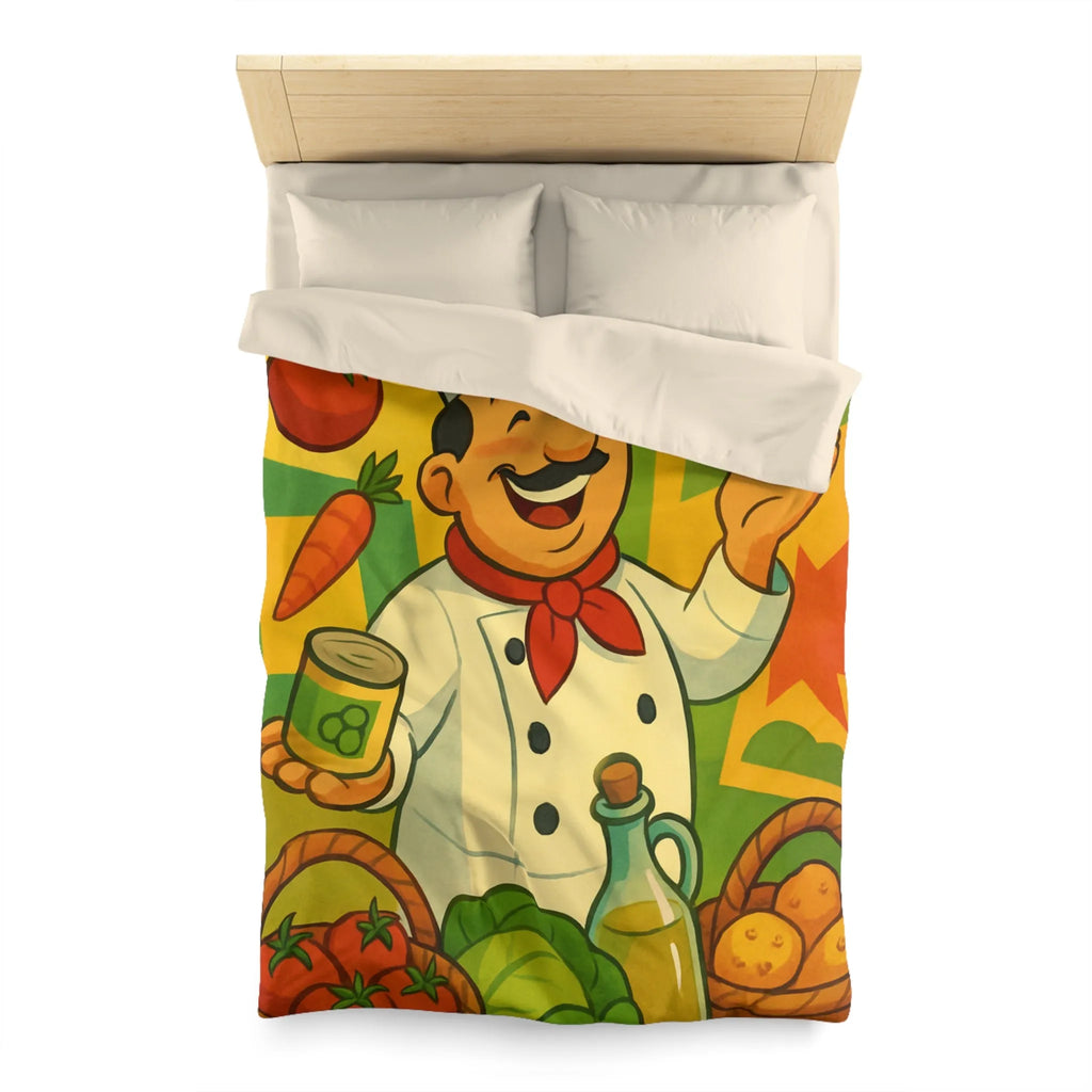 Housse de Couette Illustrée de Chef Heureux avec légumes et Pizza Méditerranéenne Colorée