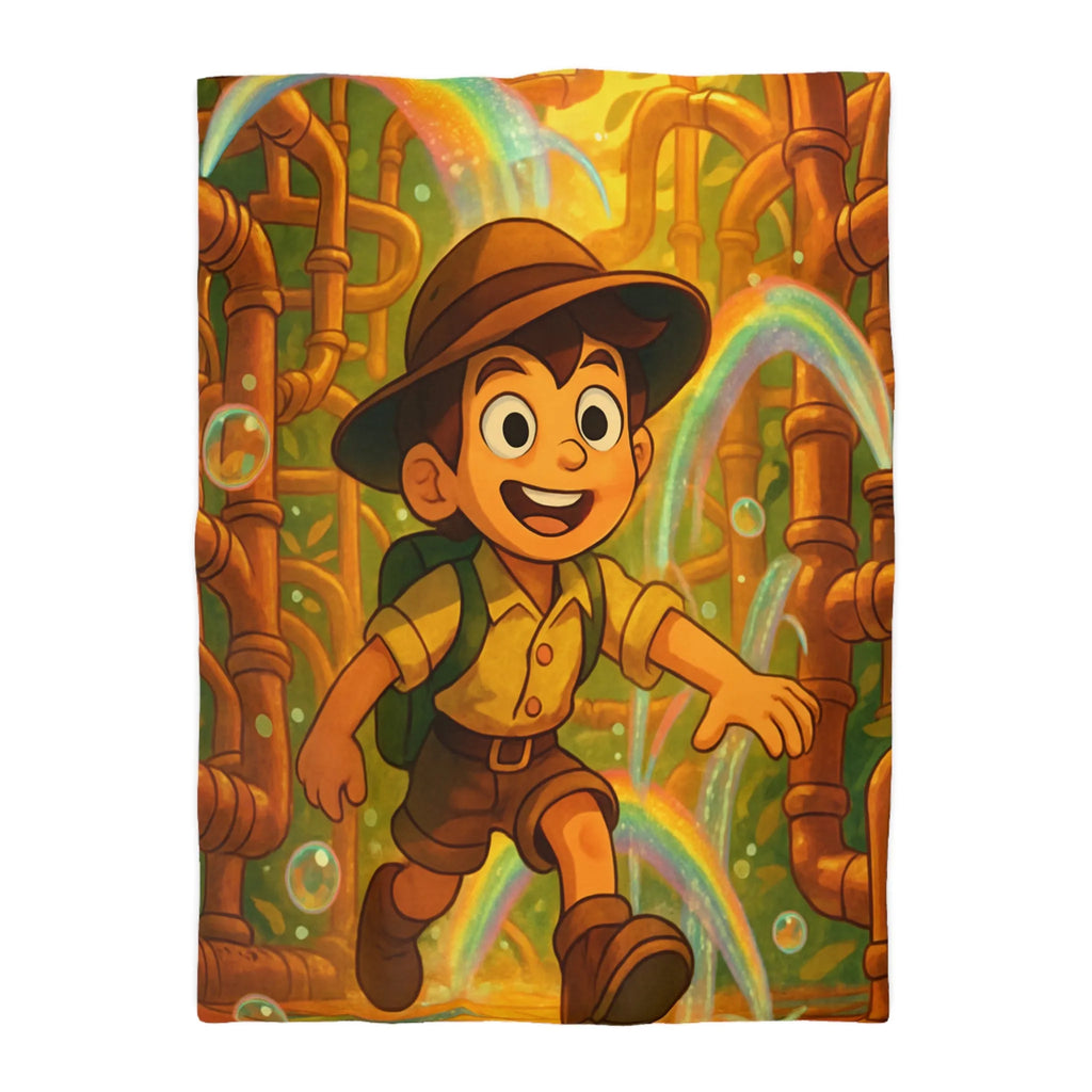 Housse de couette enfantine : garçon explorateur, tuyaux dorés, arcs-en-ciel et bulles joyeuses