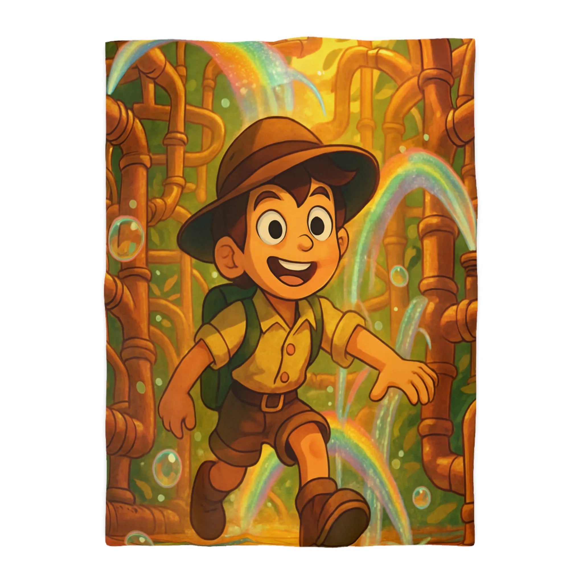 Housse de couette enfantine : garçon explorateur, tuyaux dorés, arcs-en-ciel et bulles joyeuses